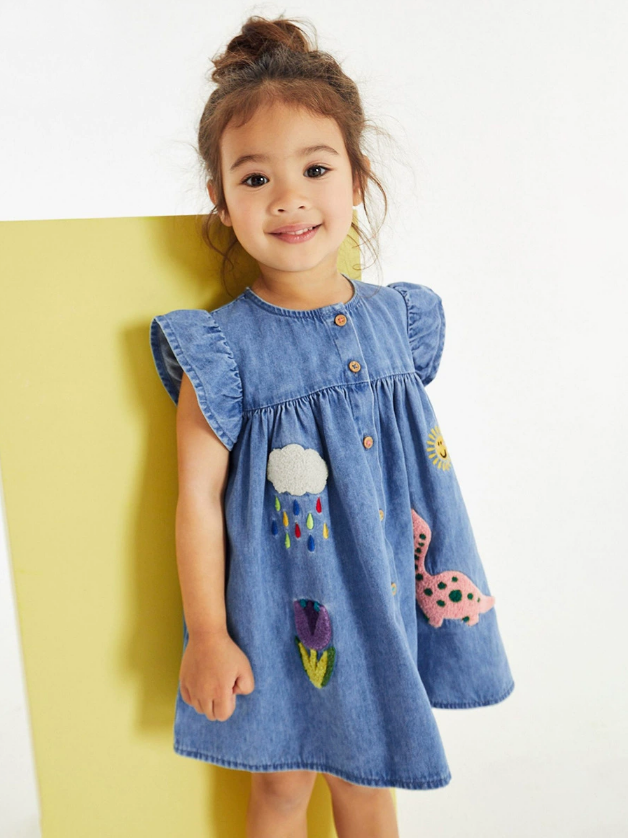Short-sleeved denim skirt for summer children's dress, appliquéd with cartoon patterns, fashionable children's dress with appliquéd patches