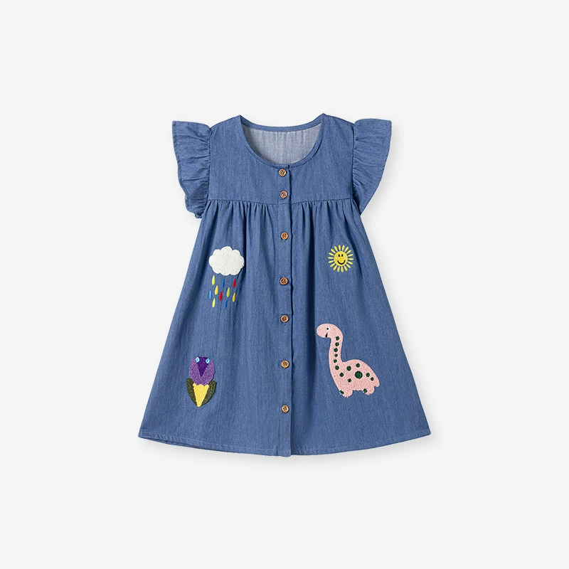 Short-sleeved denim skirt for summer children's dress, appliquéd with cartoon patterns, fashionable children's dress with appliquéd patches