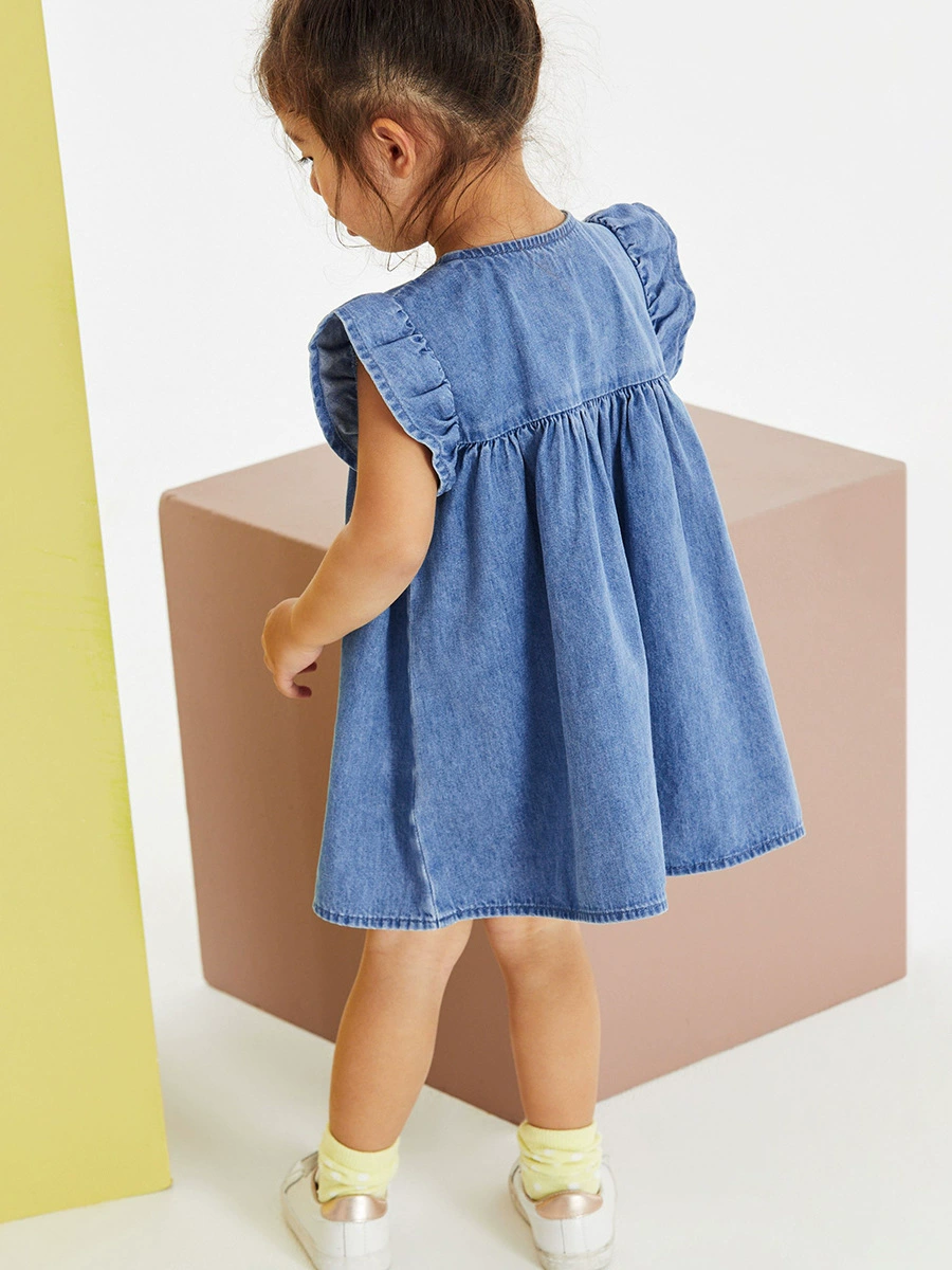 Short-sleeved denim skirt for summer children's dress, appliquéd with cartoon patterns, fashionable children's dress with appliquéd patches