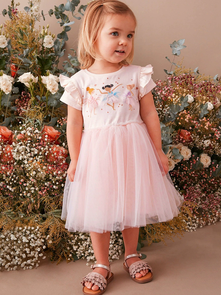 Tulle Princess Skirt Summer Style Cartoon Girls' Short-Sleeved Cotton Blouse-style Children's Dress