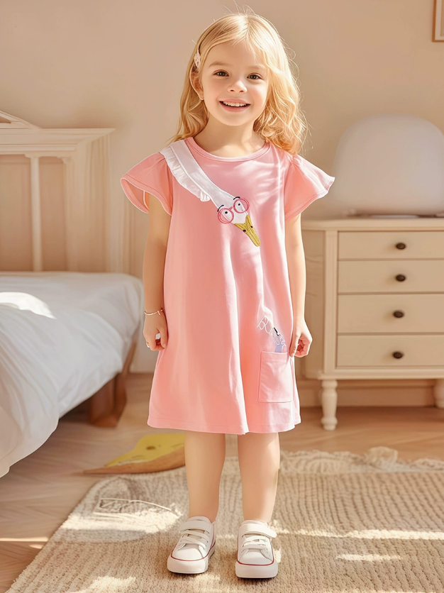 Summer short-sleeved girls' cotton embroidered patch cartoon summer dress