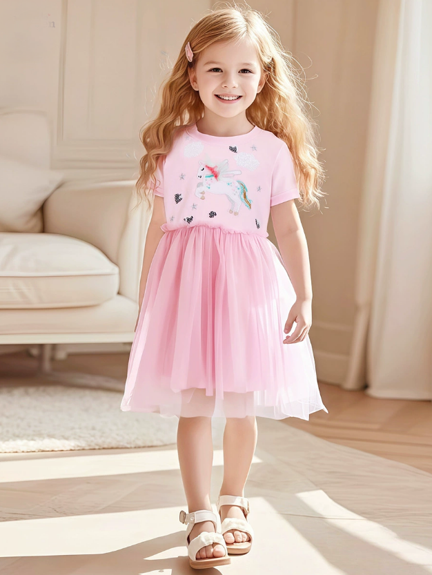 Mesh girl princess dress, summer pure cotton short-sleeved children's dressNet-silk girl princess dress, summer pure cotton short-sleeved children's dress
