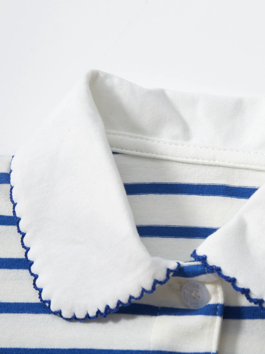 Striped Girls' Short-Sleeved T-shirt for Summer New Design with Lace Collar Children's T-shirt