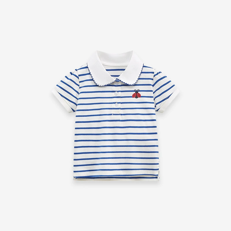 Striped Girls' Short-Sleeved T-shirt for Summer New Design with Lace Collar Children's T-shirt