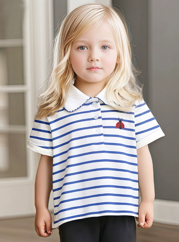 Striped Girls' Short-Sleeved T-shirt for Summer New Design with Lace Collar Children's T-shirt