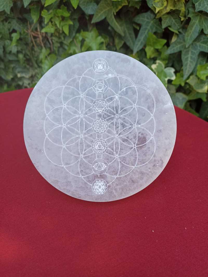 Base de fleur de Vie en Sélénite avec Chakras