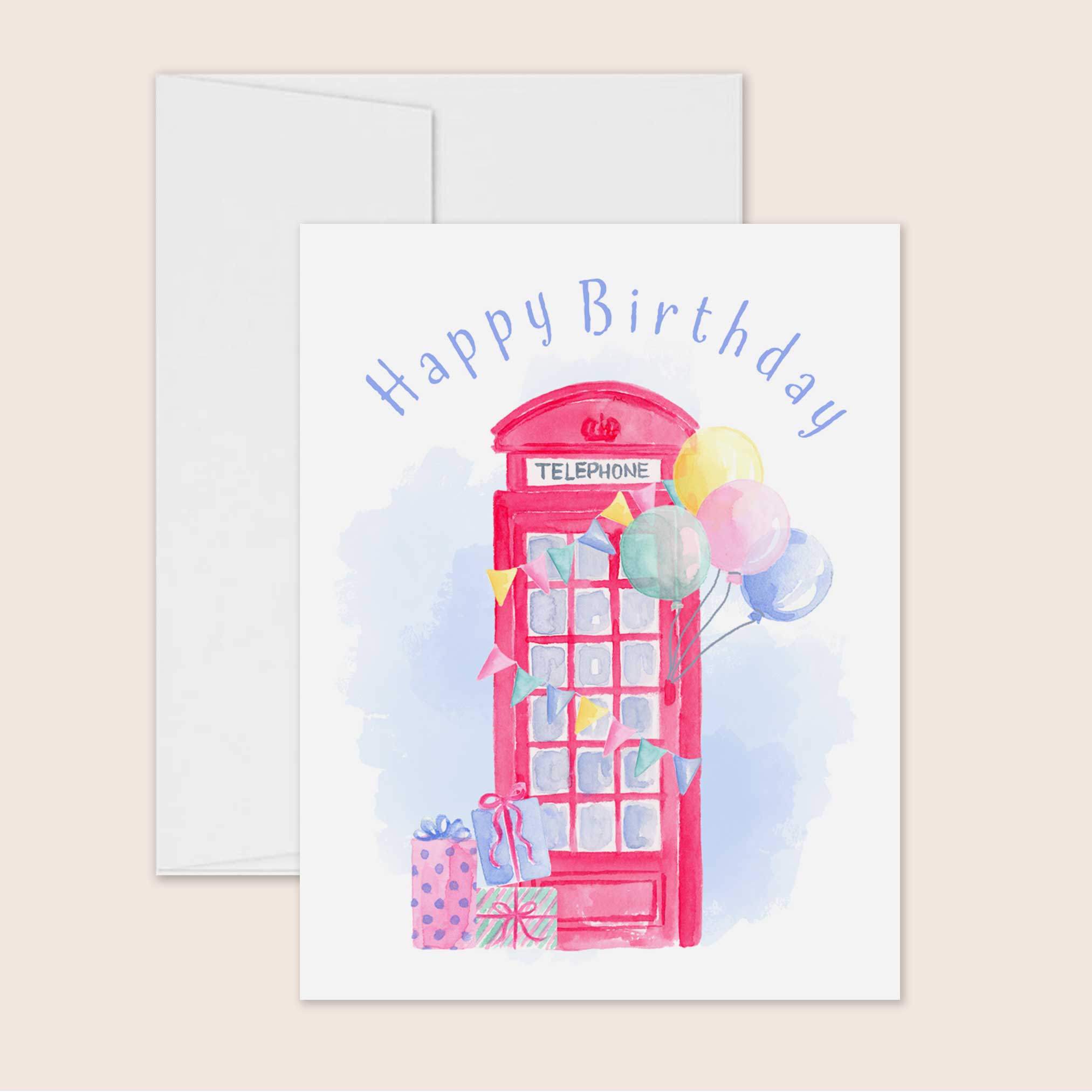 London Phone Booth Watercolor Birthday Card