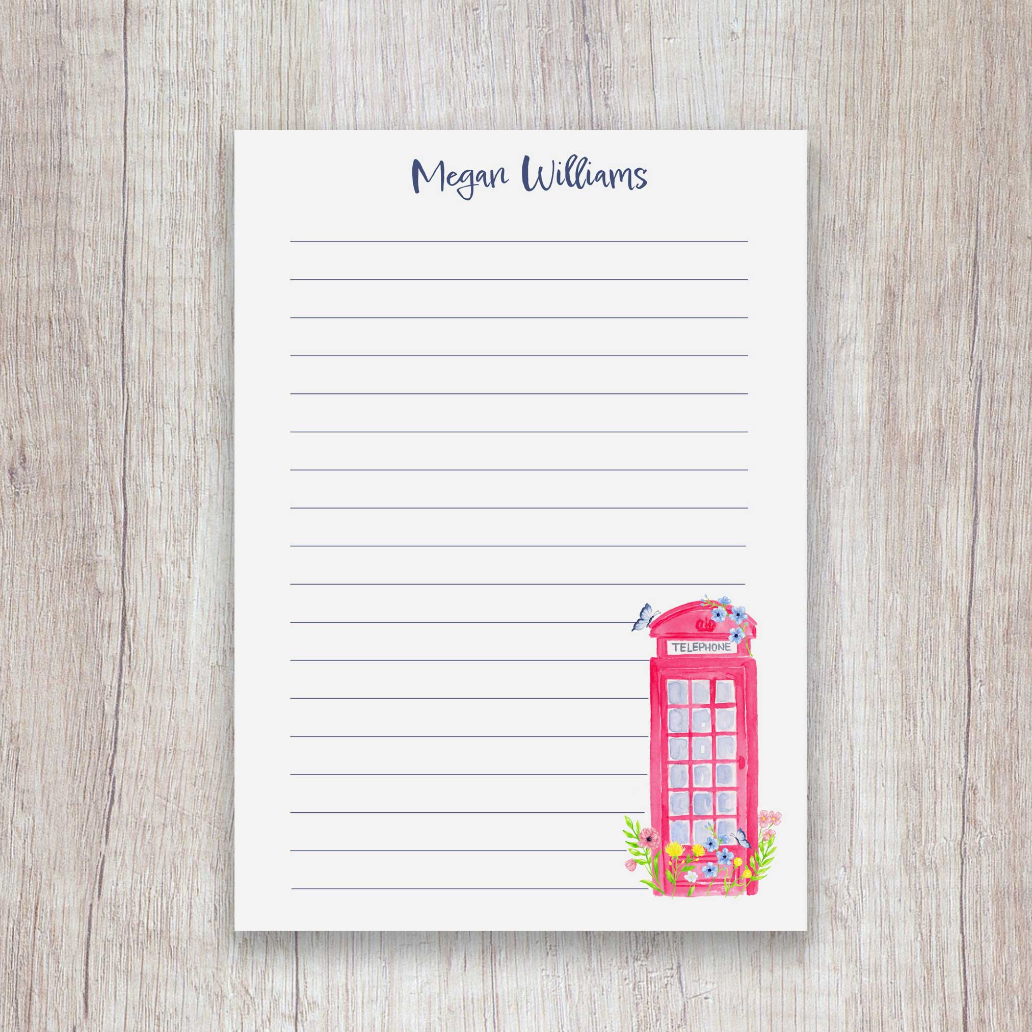 Personalized Notepad with Red London Telephone Booth