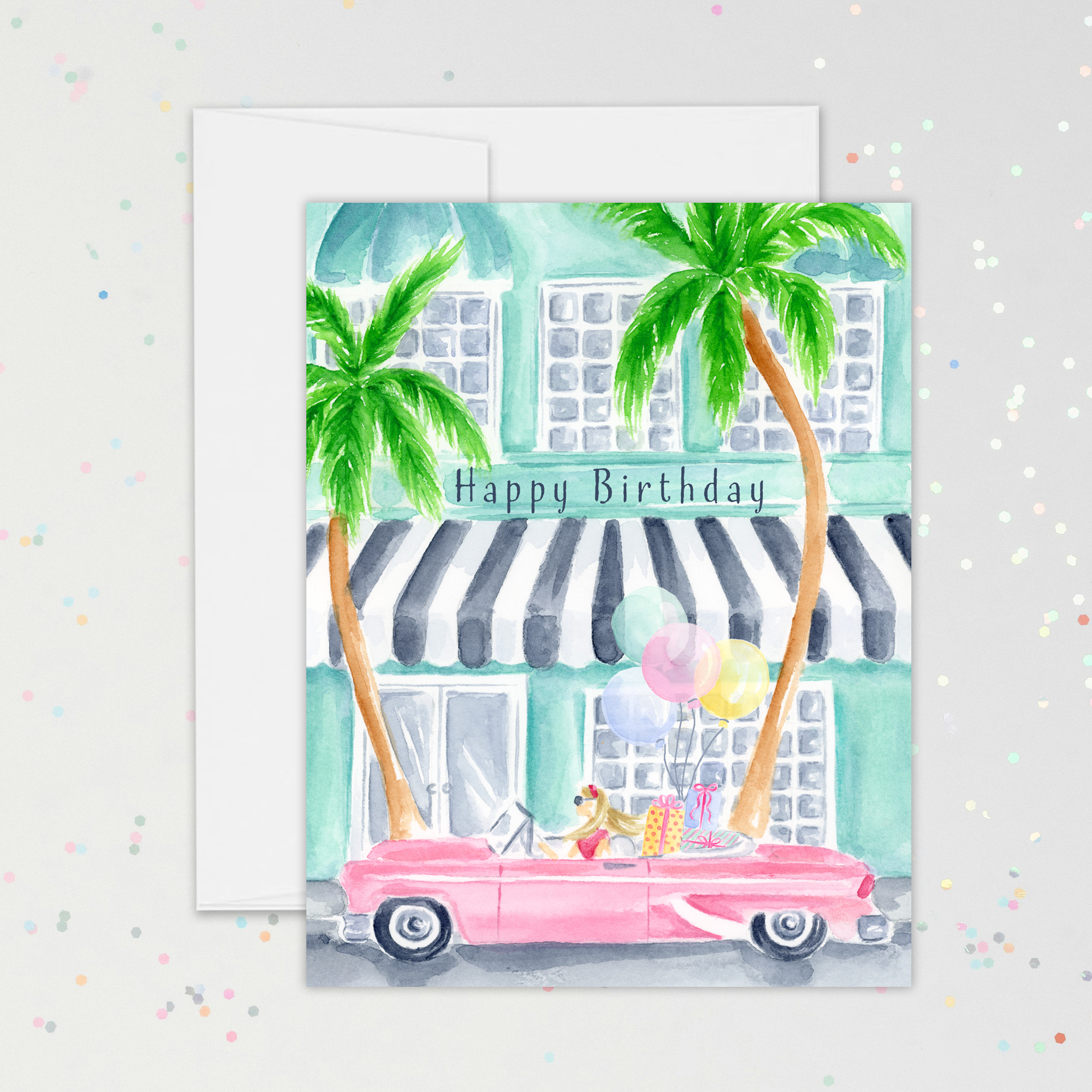 Birthday Card with Retro Pink Convertible 