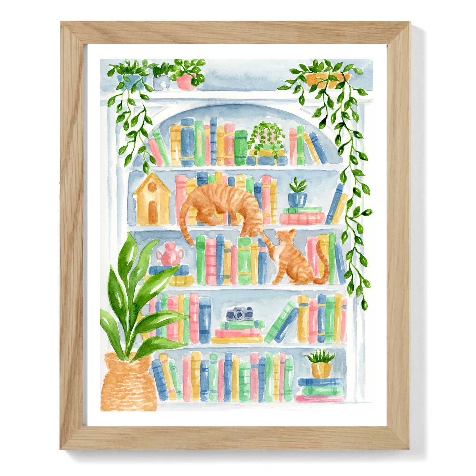 Watercolor Cat Bookshelf Art Print