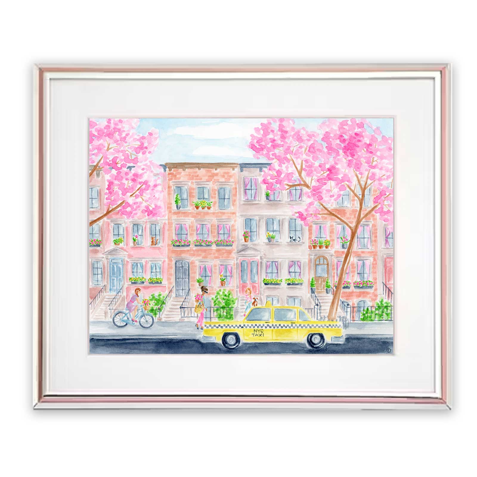New York City Watercolor Brownstone Street Scene