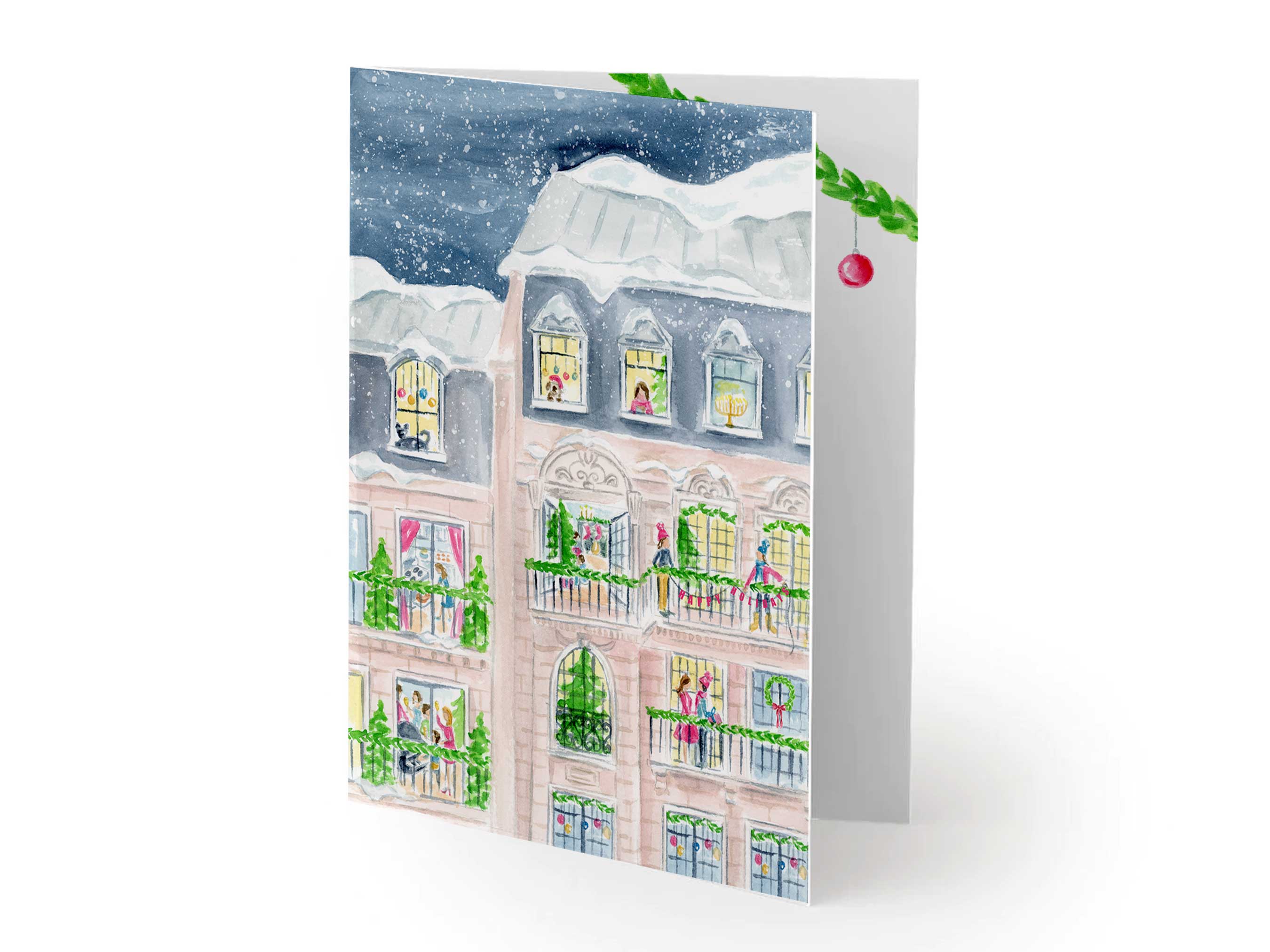 Winter City Scene Watercolor Christmas Card