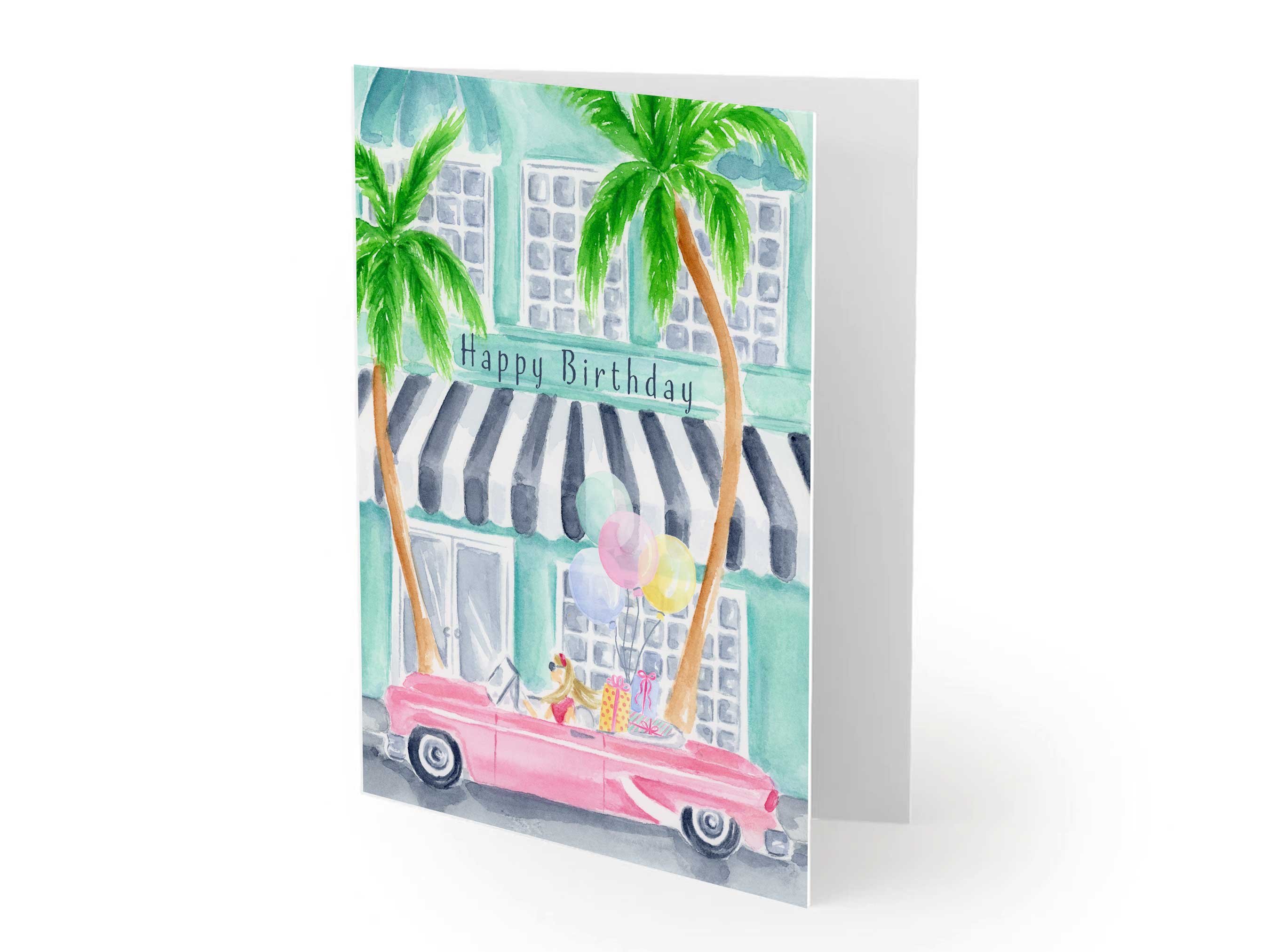 Birthday Card with Retro Pink Convertible 