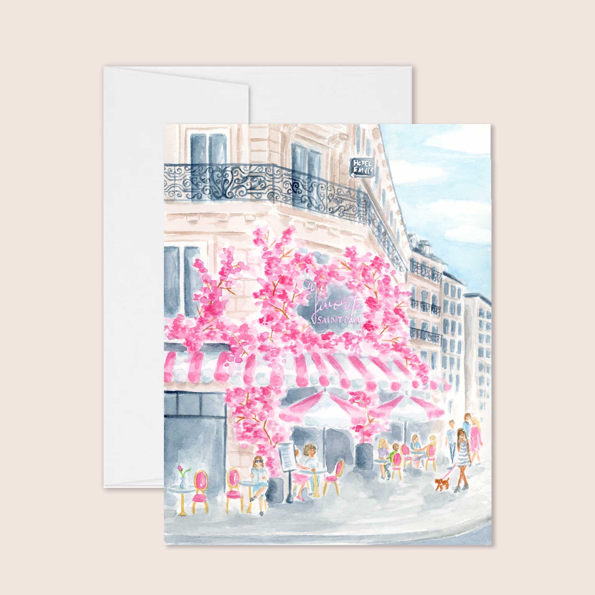 Pink Parisian Café Watercolor Greeting Cards