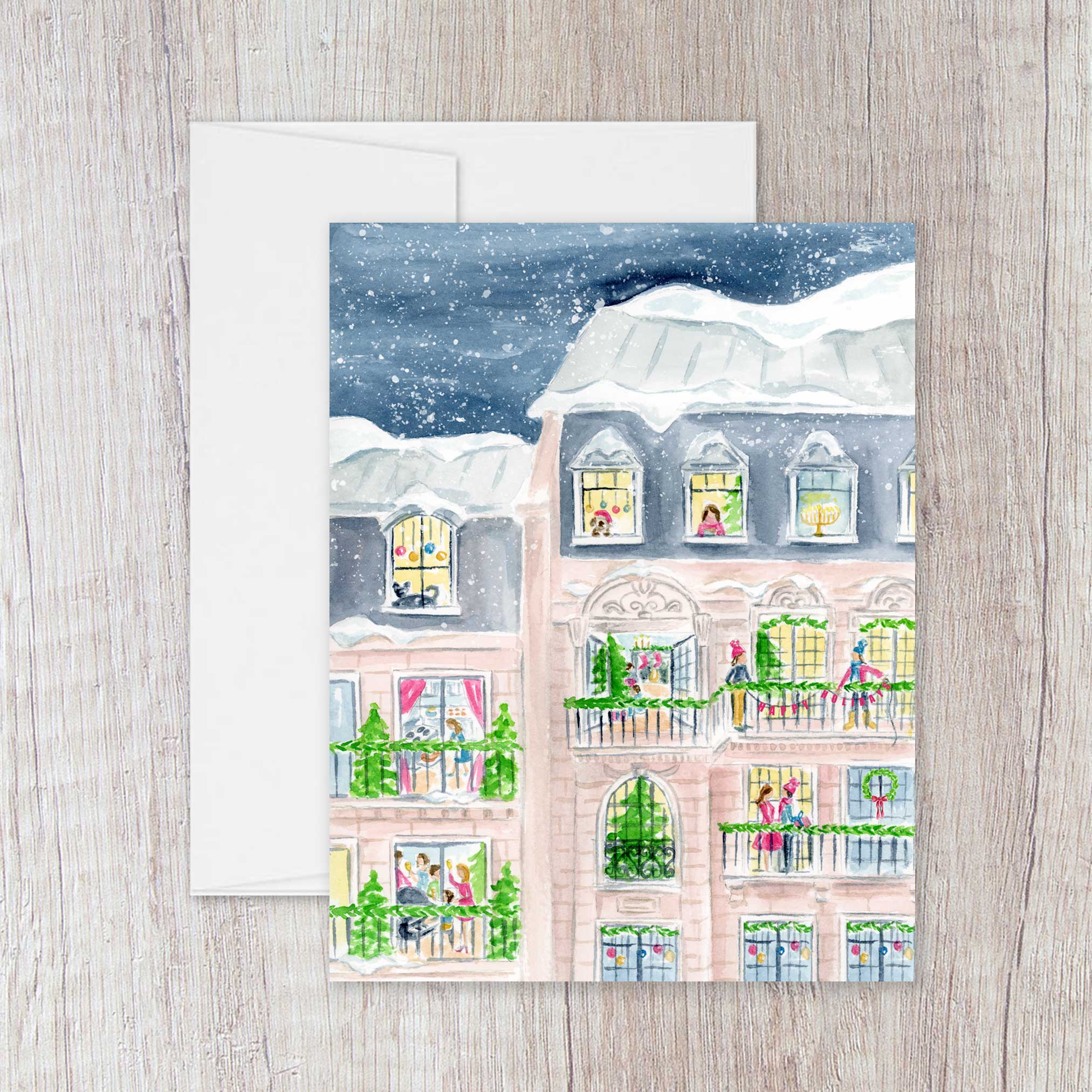 Winter City Scene Watercolor Christmas Card