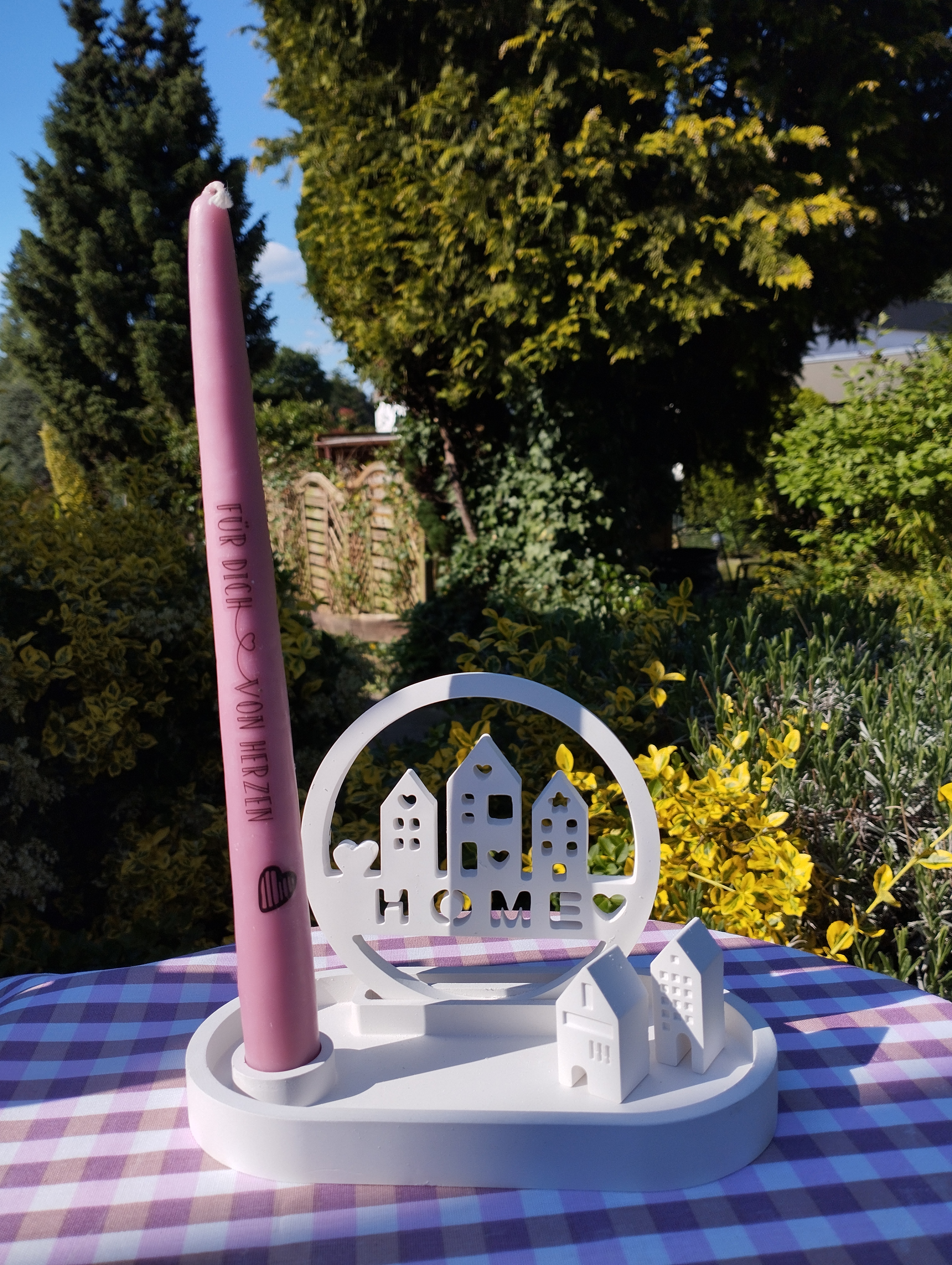 Dekoratives Dekotablett mit HOME-Ornament, 2 kleinen Häusern und Kerzenhalter