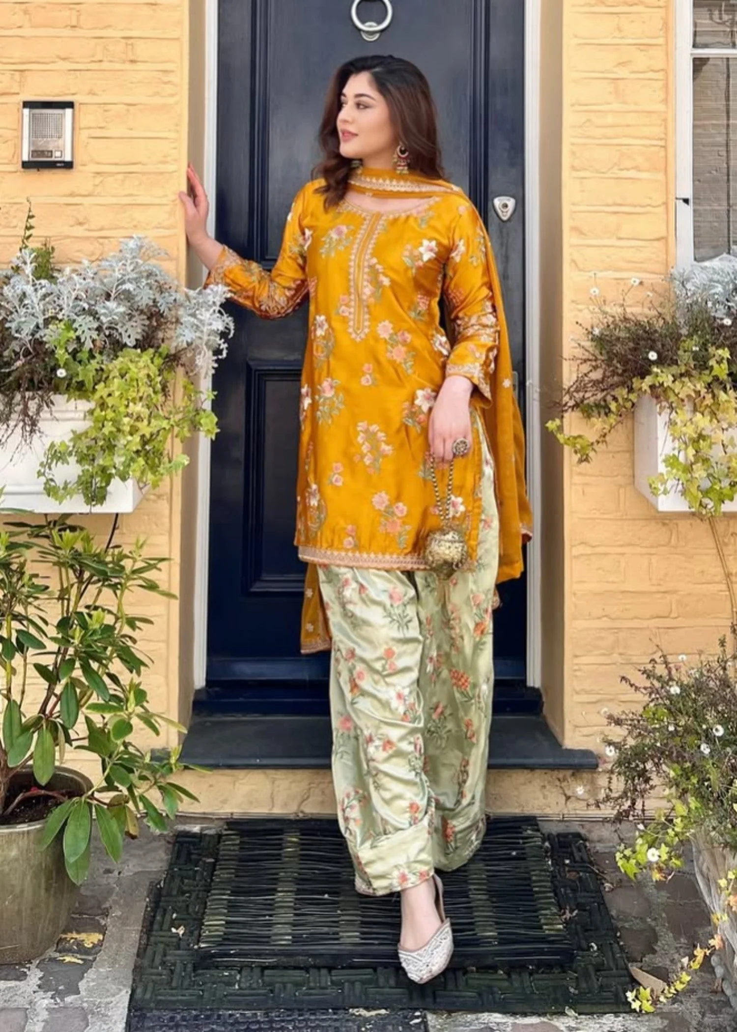 Embroidered Yellow Kurta with Printed Trousers