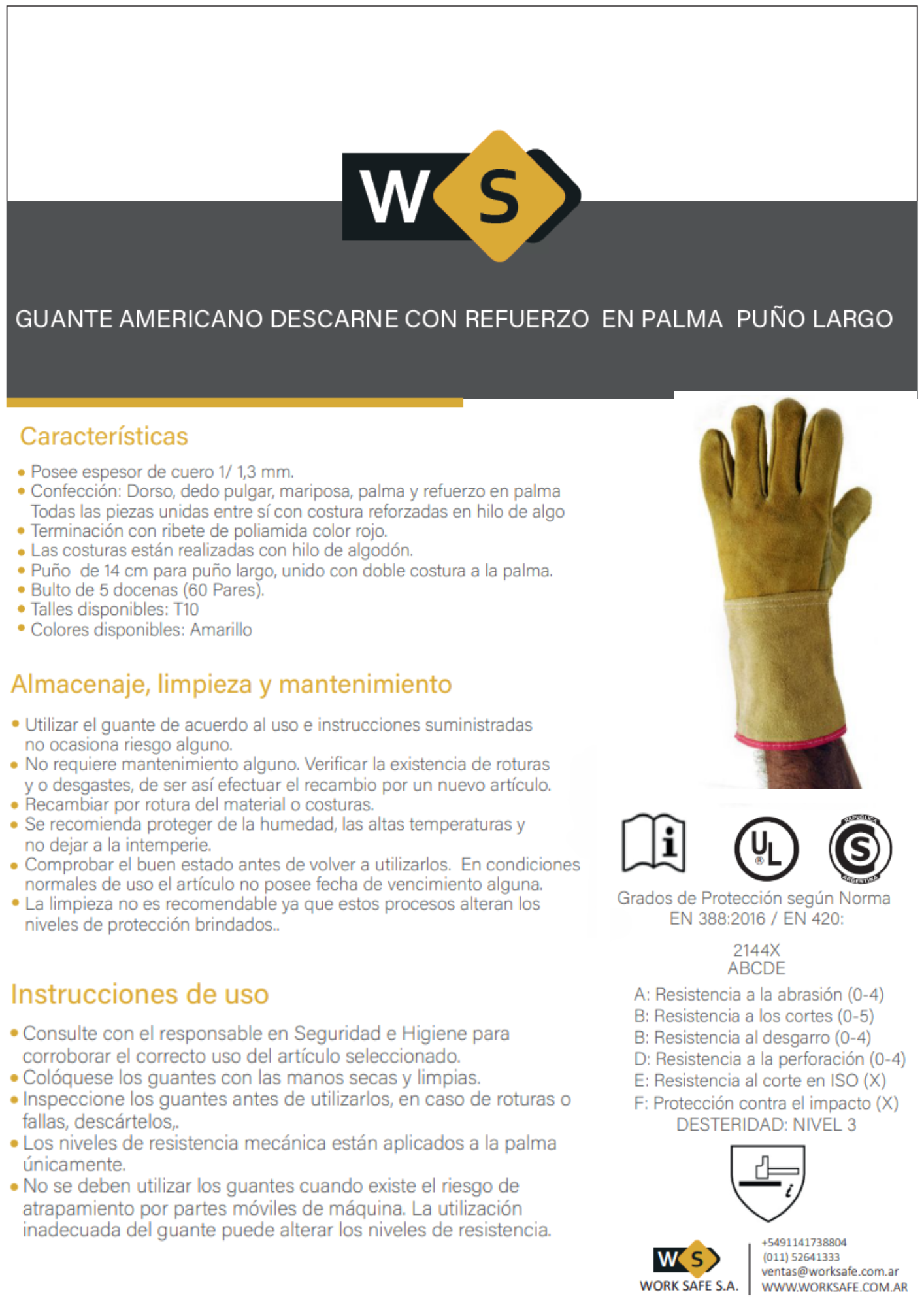 Guante descarne amarillo puño largo WS - GTEAMERDELA