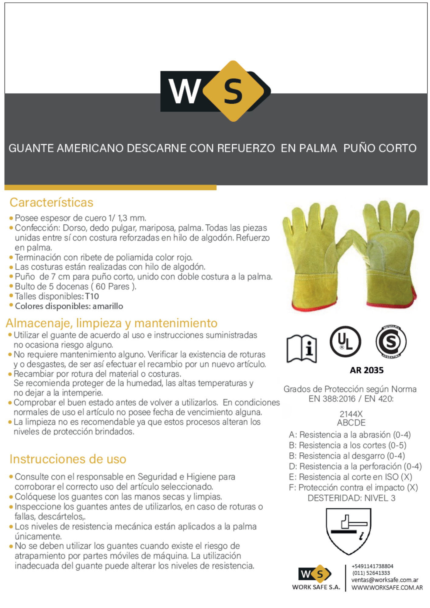 Guante descarne amarillo puño corto, certificado - GTEDESCCORPREM