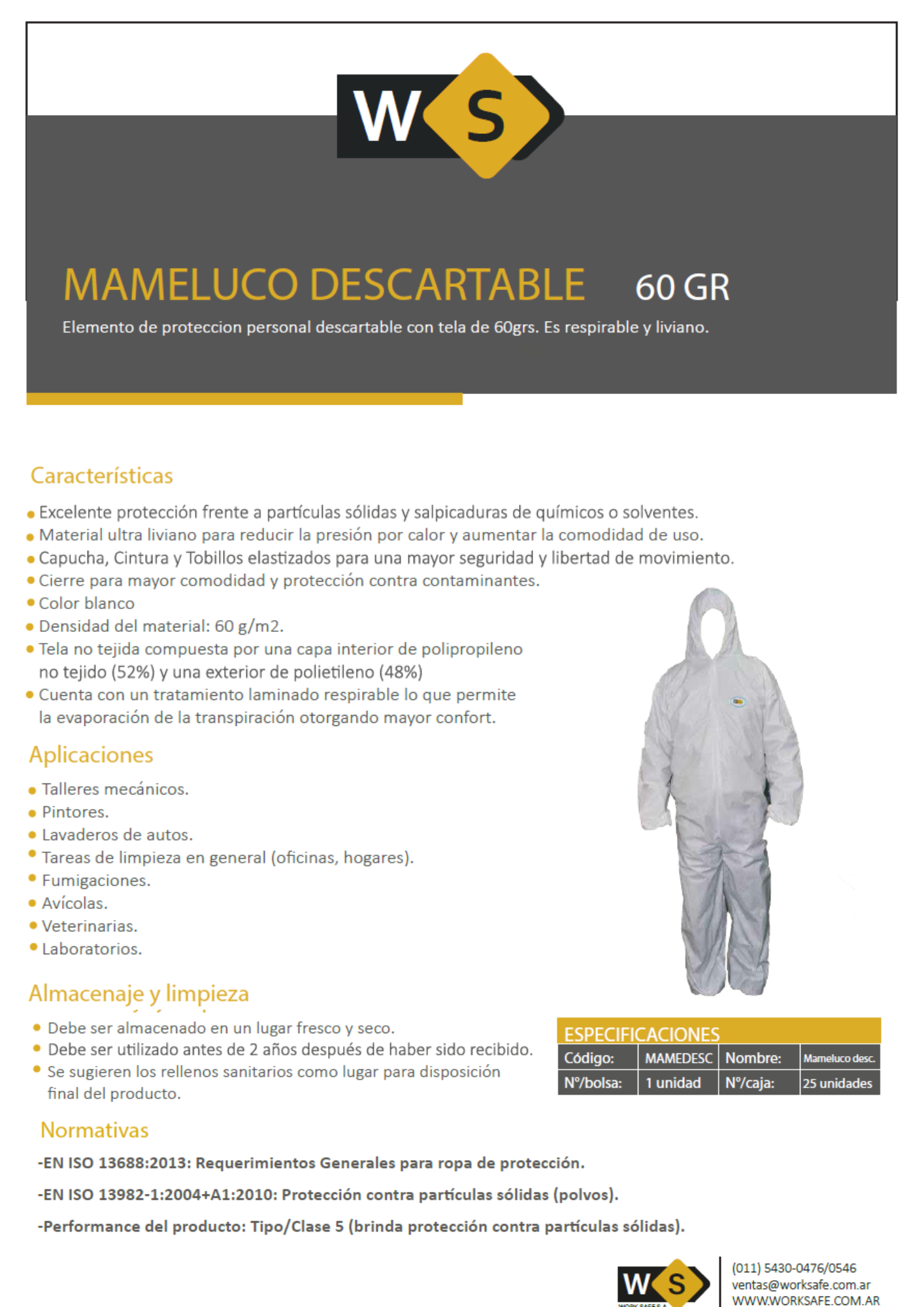Mameluco descartable Dustex PRO 60 g - MAMEDESC