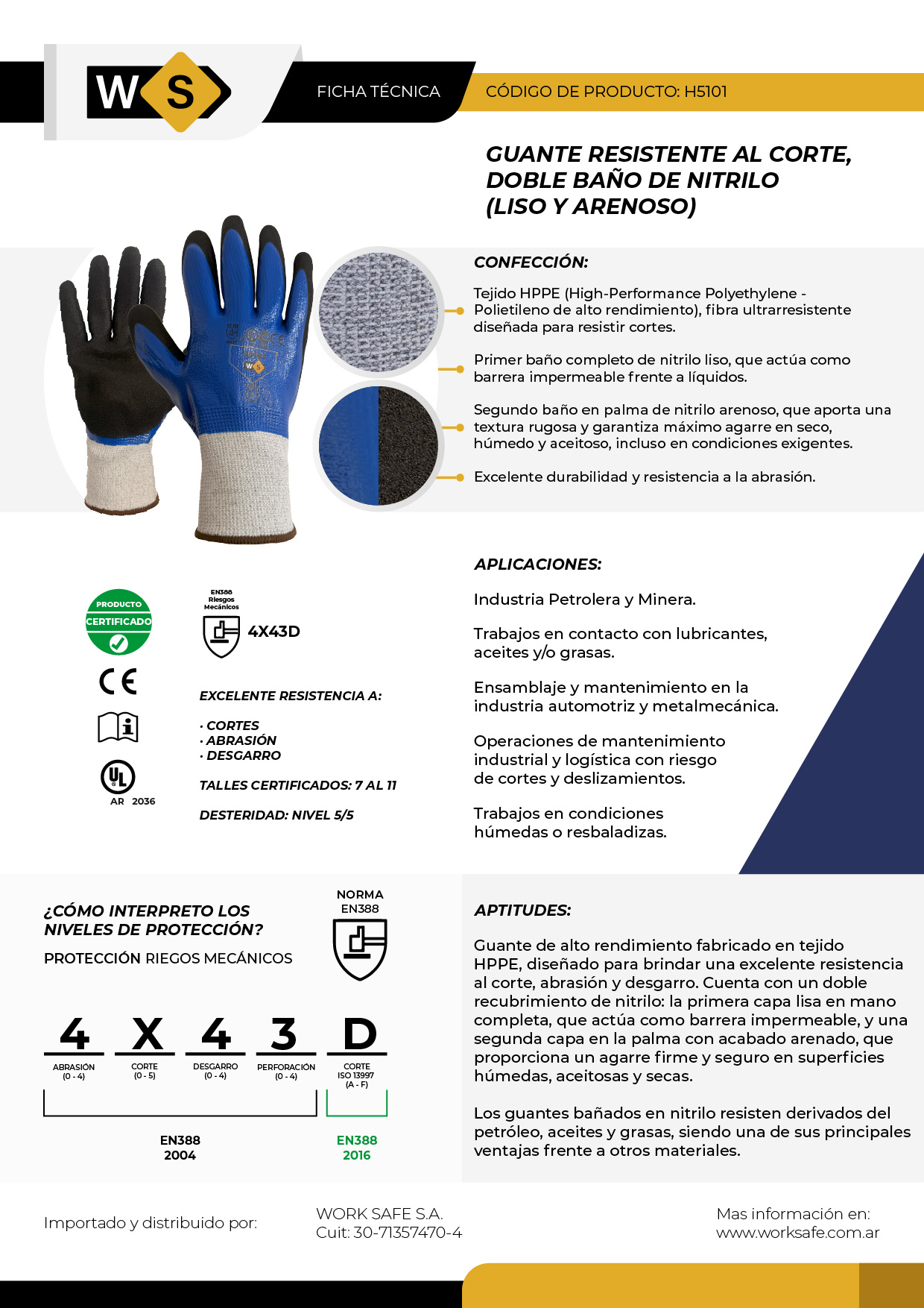 Guante Resistente al corte G10, doble baño de nitrilo - H5101