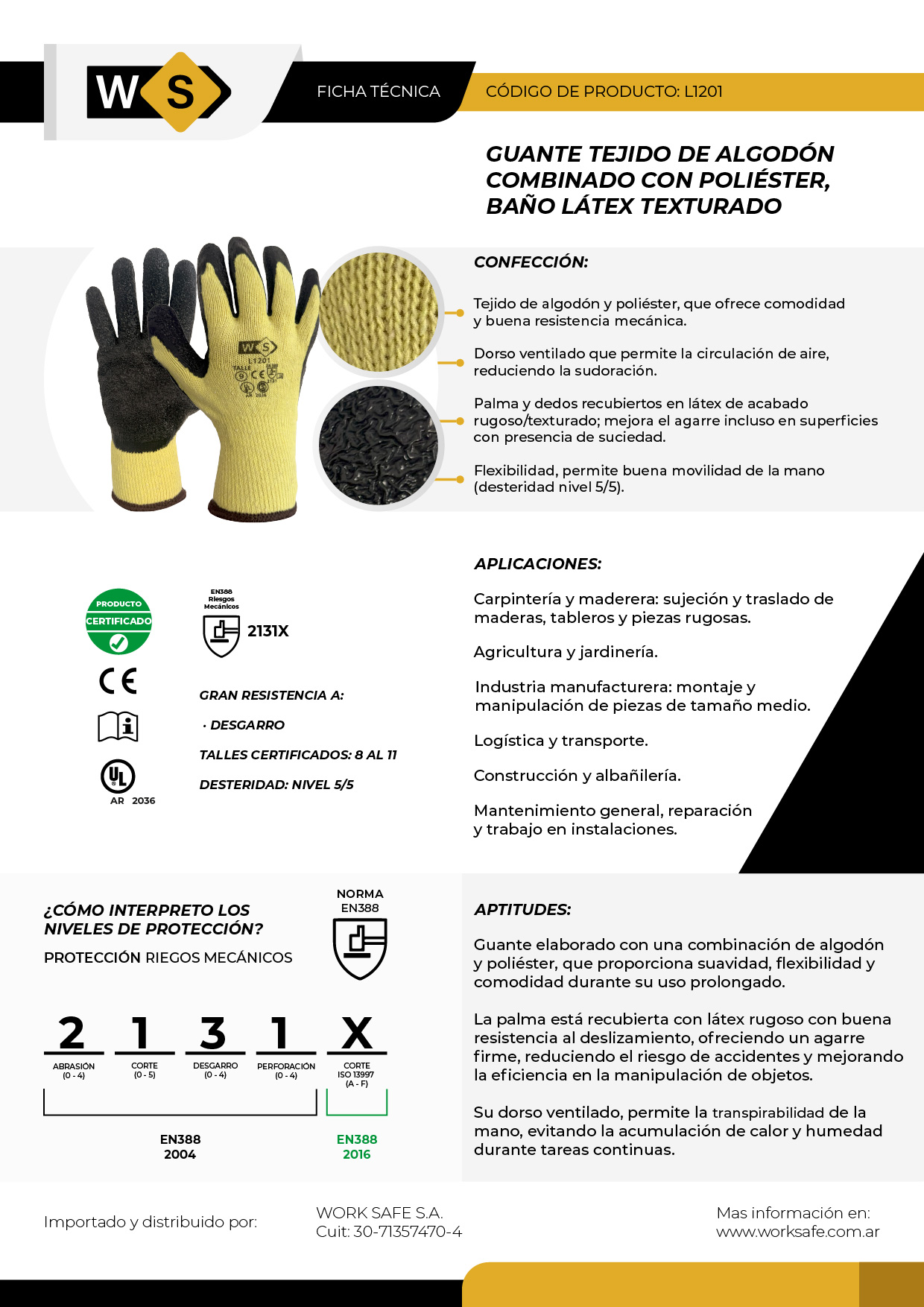 Guante de algodón y poliéster G10, bañado en látex texturado - L1201