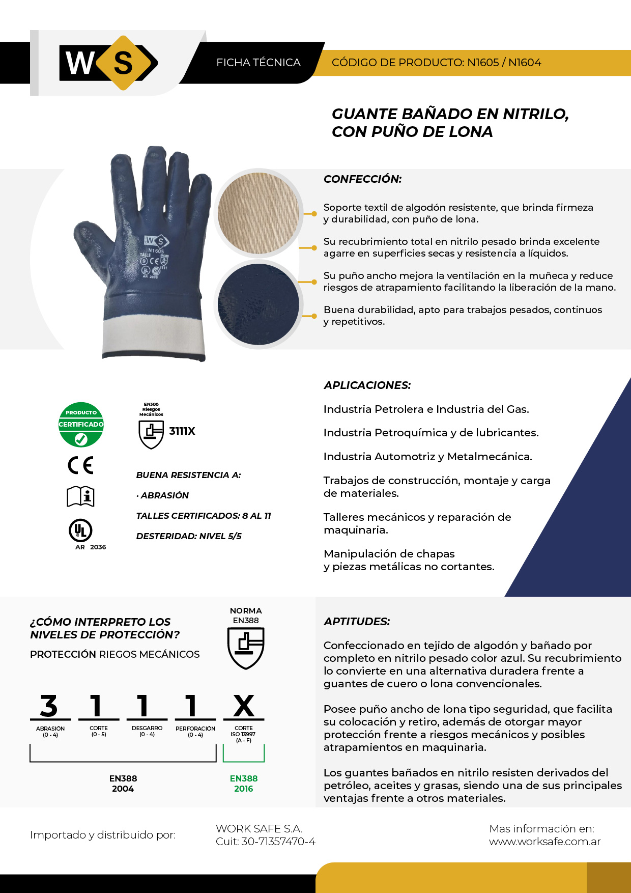 Guante Nitrilo azul puño lona premium - N1605
