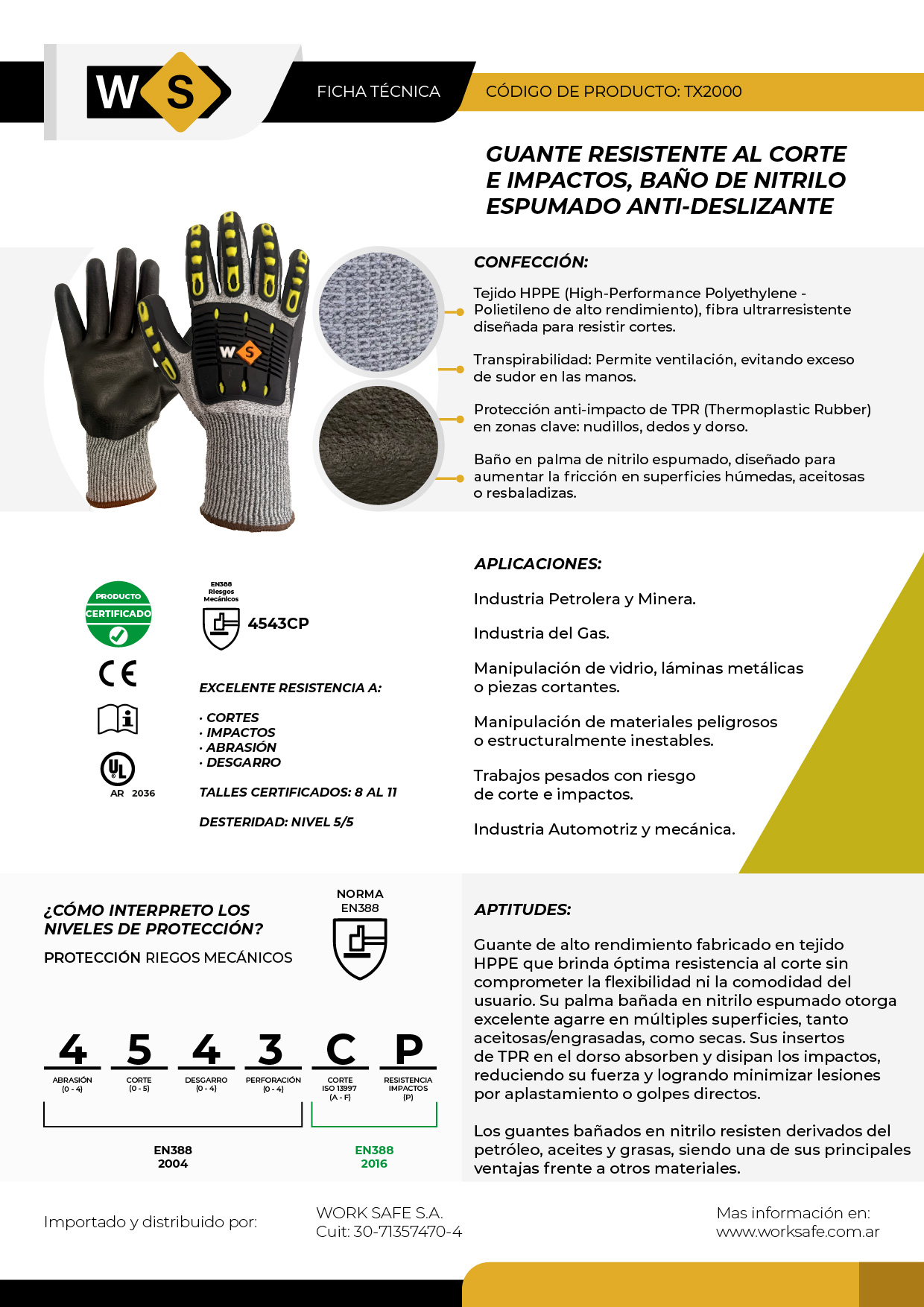 Guante Resistente al corte G10 con baño en nitrilo espumado, anti-impacto - TX2000
