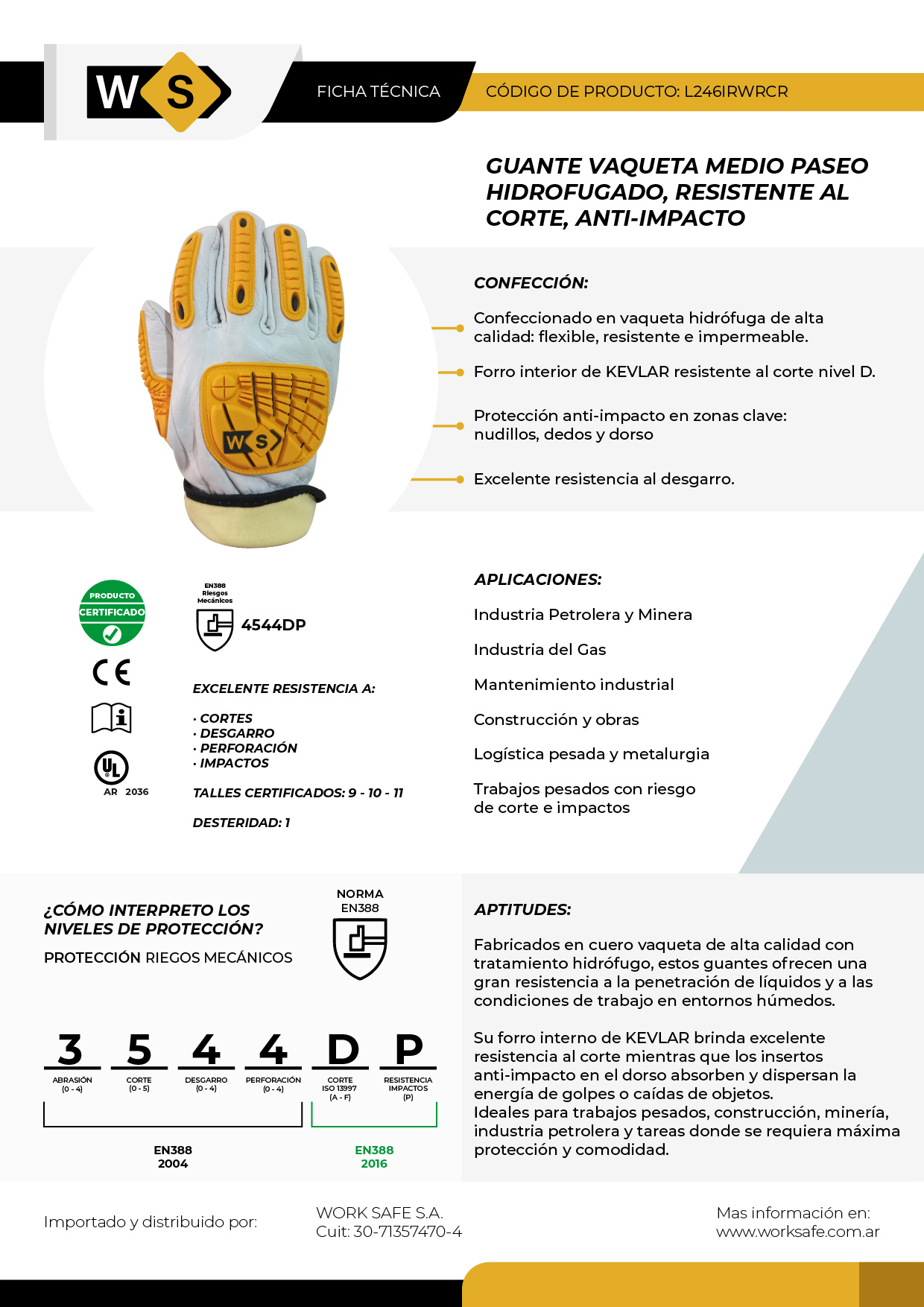 Guante Vaqueta hidrófuga anticorte, anti-impacto - L246IRWRCR