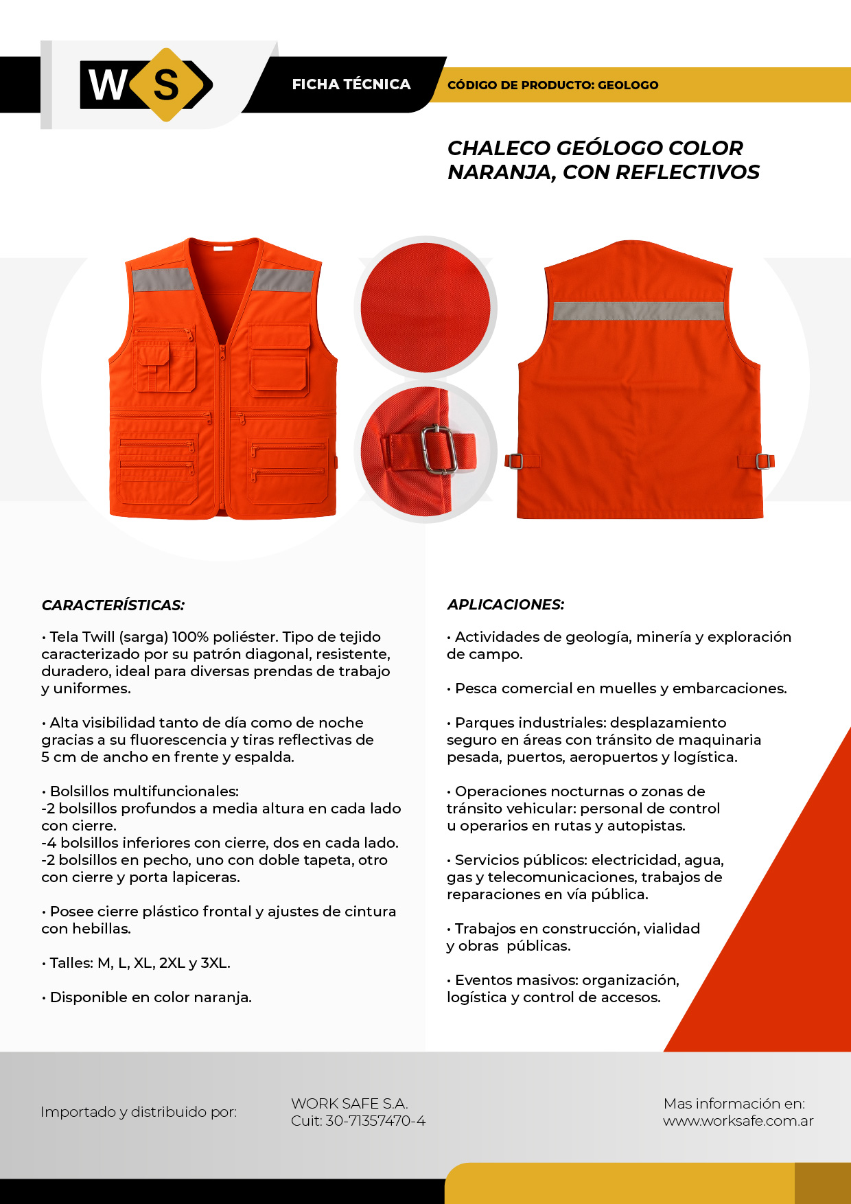 Chaleco Geólogo color naranja, con reflectivos - GEOLOGO