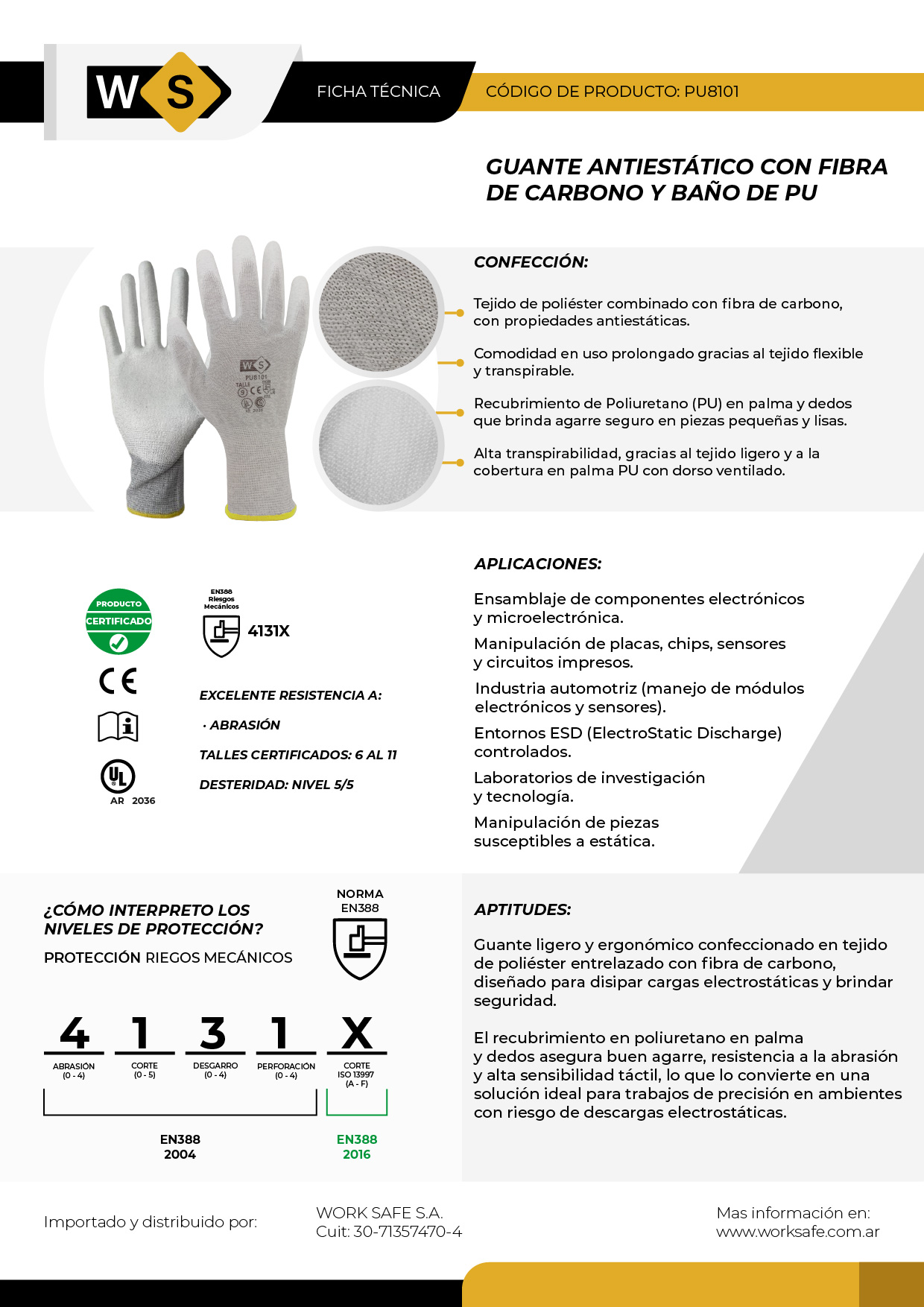 Guante antiestático,Poliéster y Carbono, baño PU - PU8101