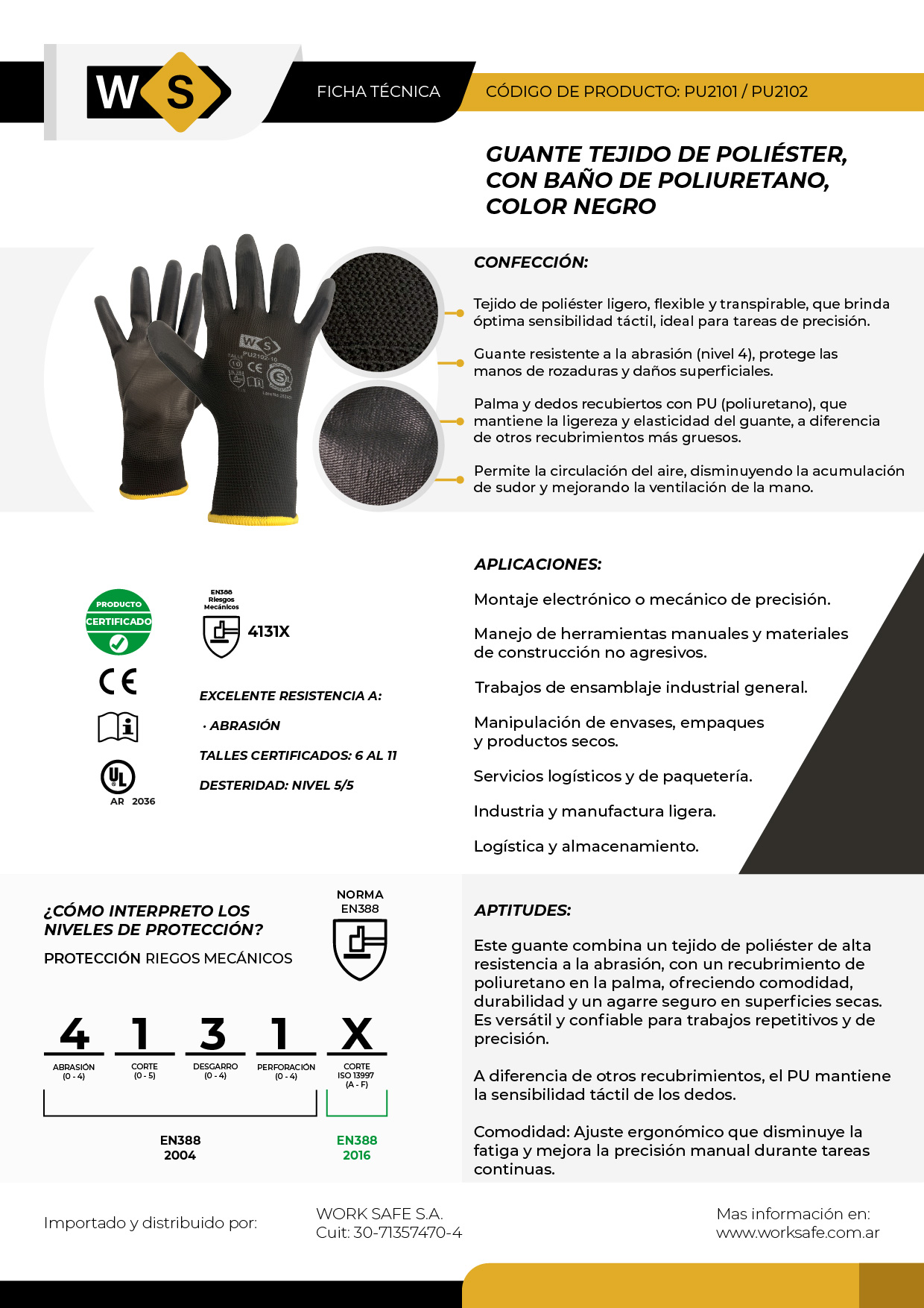 Guante de poliéster G13 con baño en PU negro - PU2101-02