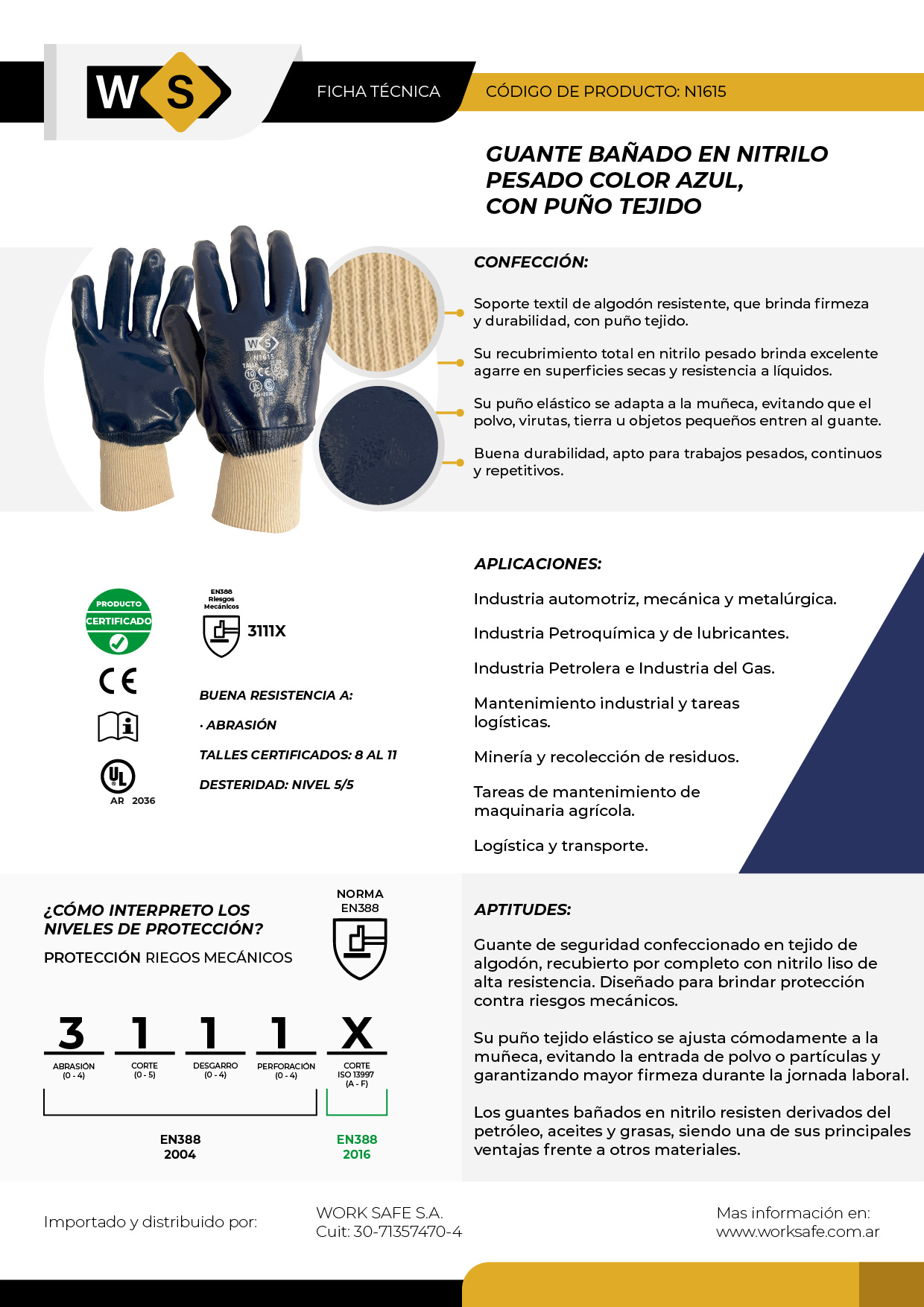 Guante Nitrilo azul puño tejido - N1615-9