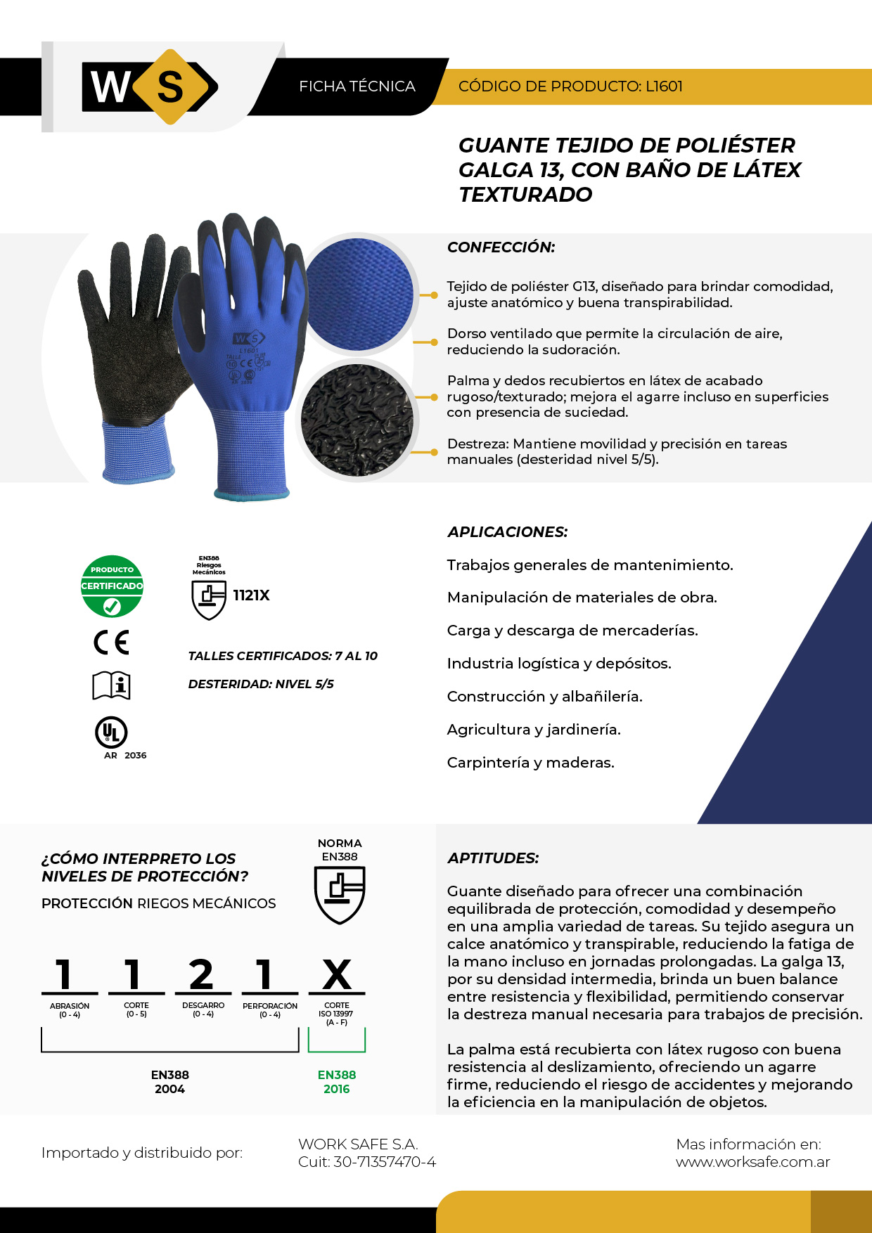 Guante de poliéster G13, bañado en latex texturado - L1601