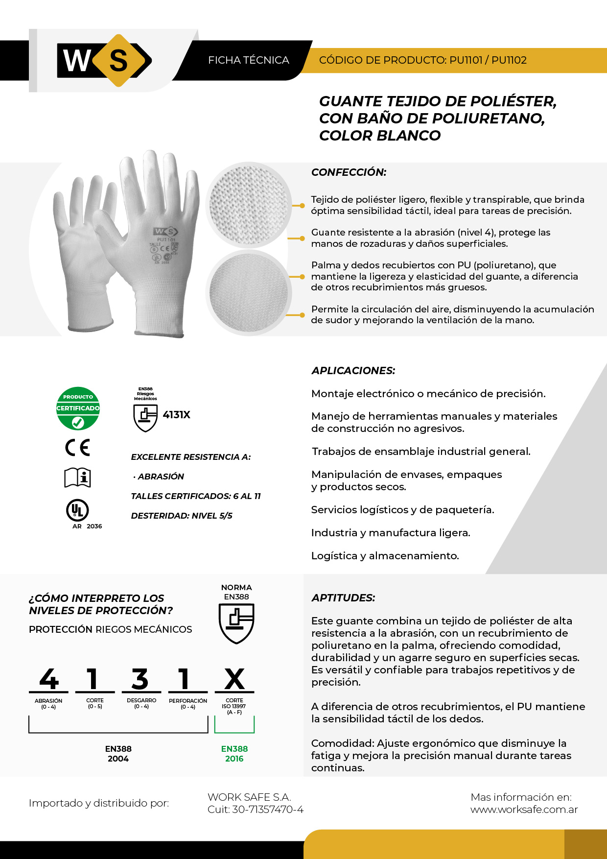 Guante de poliéster G13 con baño en PU blanco - PU1101-02