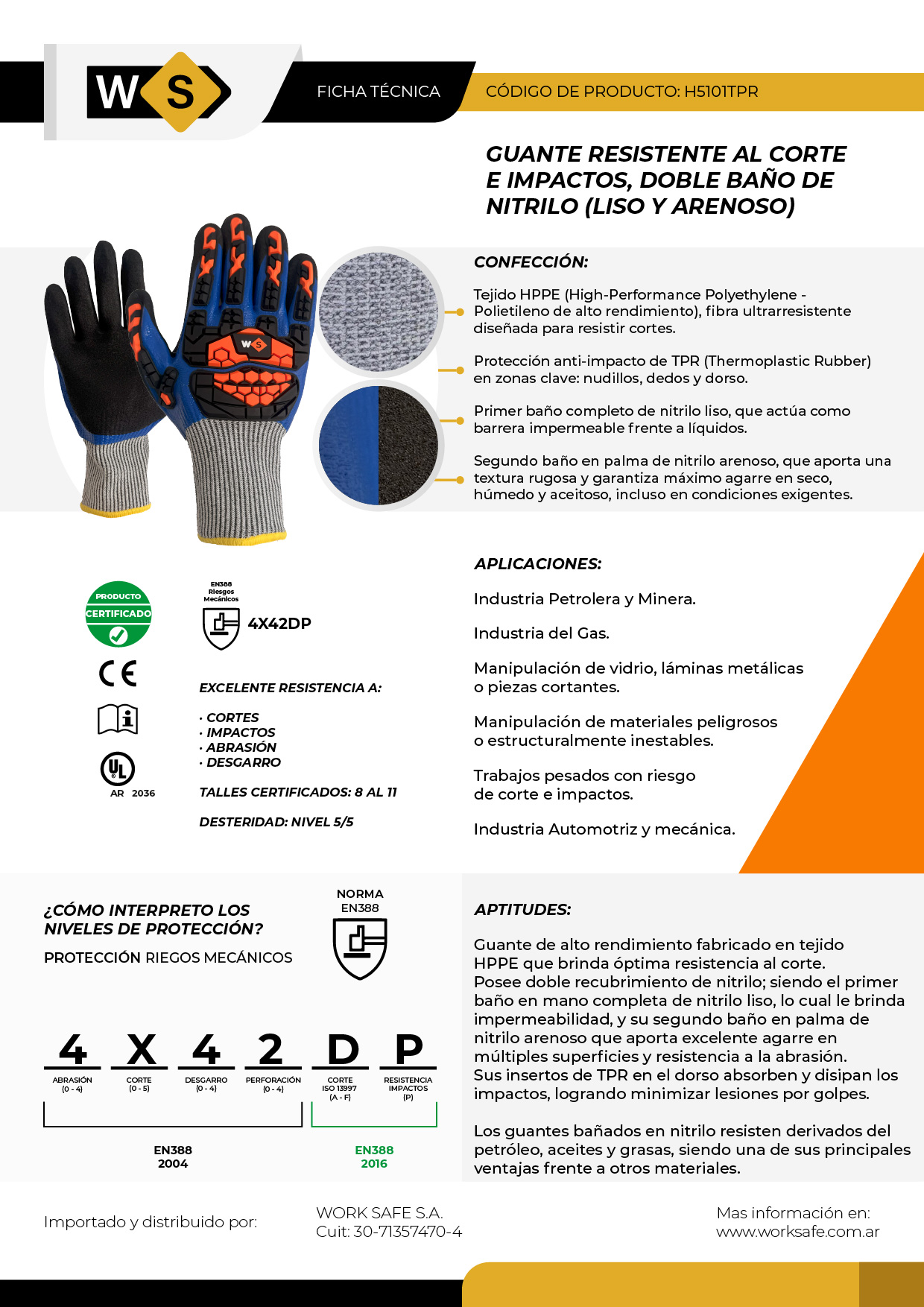 Guante anticorte, Tejido HPPE, doble baño de nitrilo, anti-impacto - H5101TPR