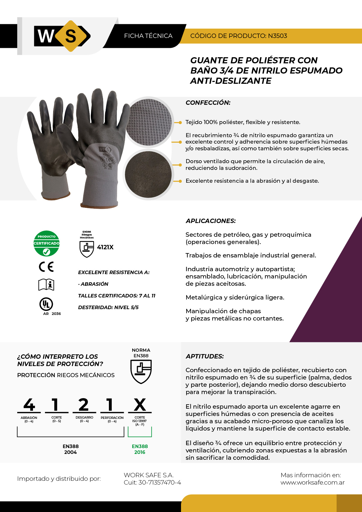 Guante de poliéster G13, baño 3/4 de nitrilo espumado - N3503