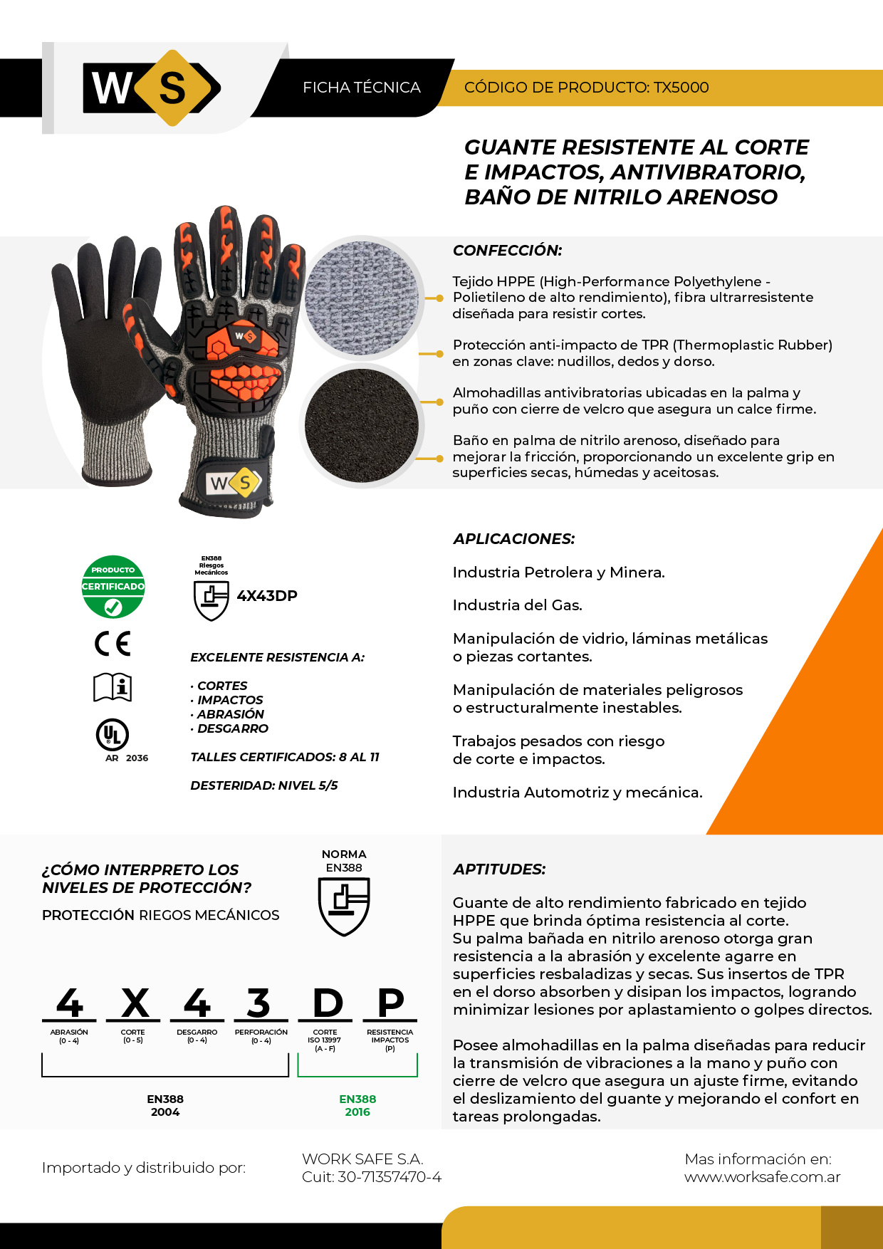 Guante anticorte, Tejido HPPE, baño nitrilo arenoso, anti-impacto - TX5000