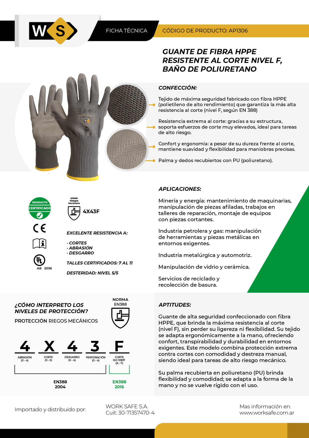 Guante anticorte nivel F, Tejido HPPE G13, baño PU - AP1306