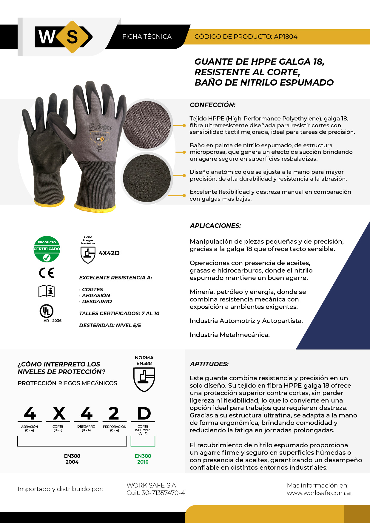 Guante anticorte, Tejido HPPE G18, baño nitrilo espumado - AP1804