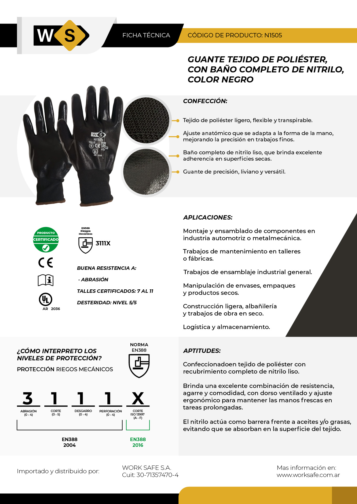 Guante Tejido de Poliéster, con baño completo de Nitrilo -Negro - N1505