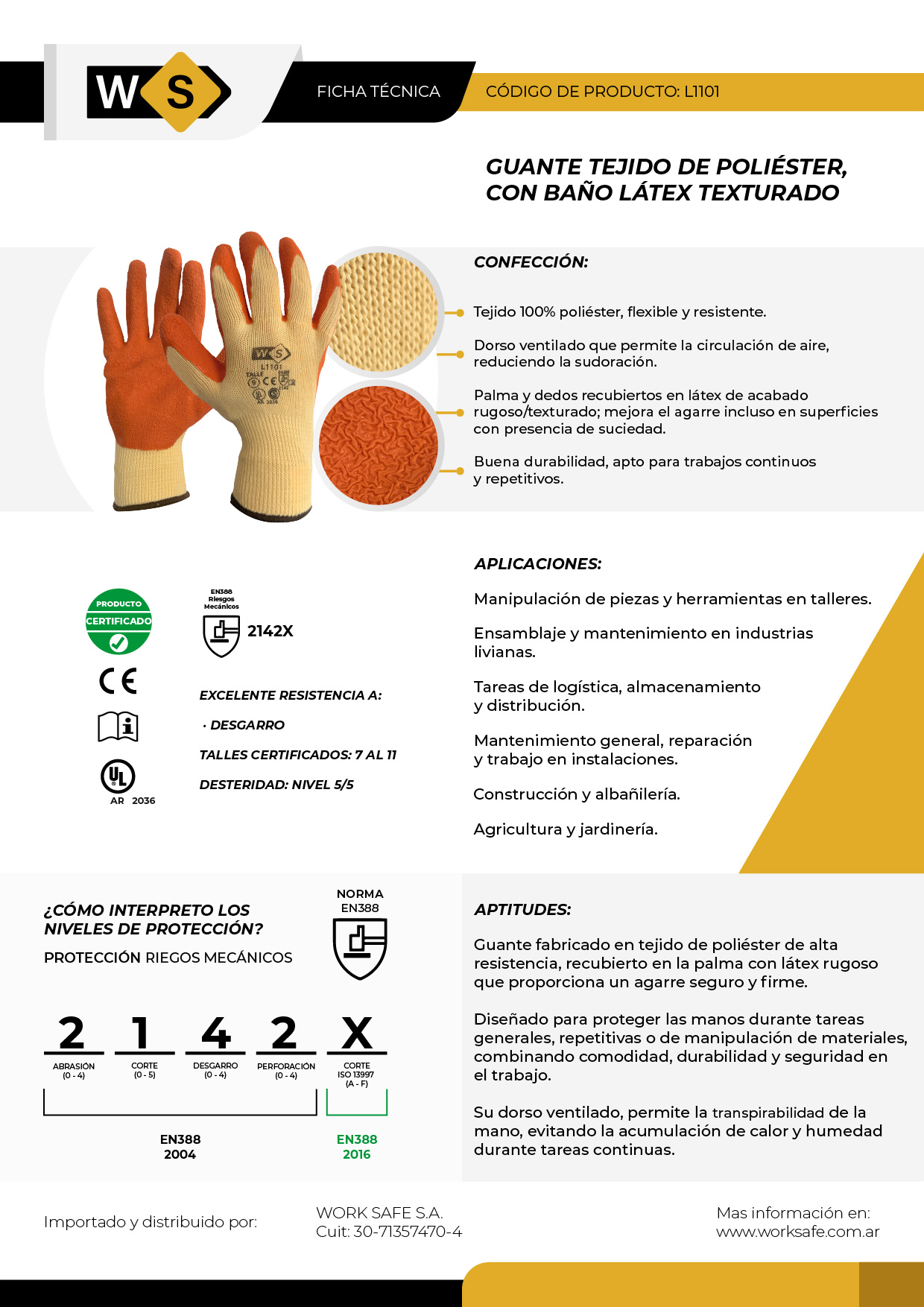 Guante de poliéster G10 bañado en látex texturado - L1101
