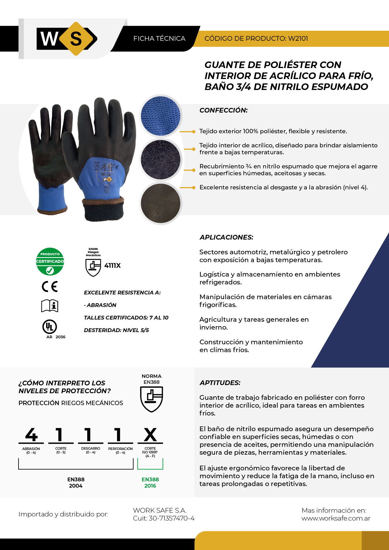 Guante de acrílico y poliéster para frío baño nitrilo espumado - W2101