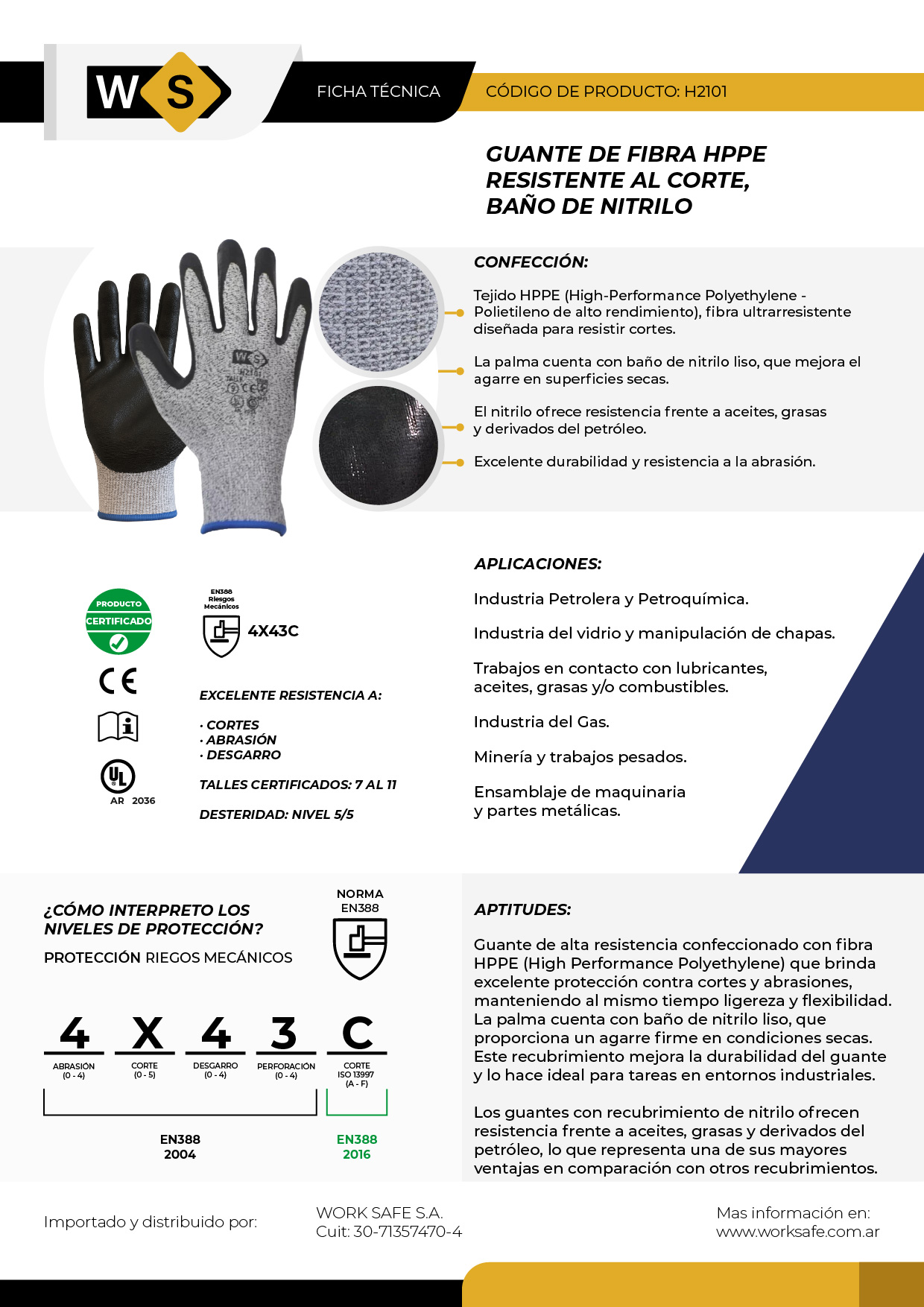 Guante Resistente al corte G10 con baño nitrilo - H2101