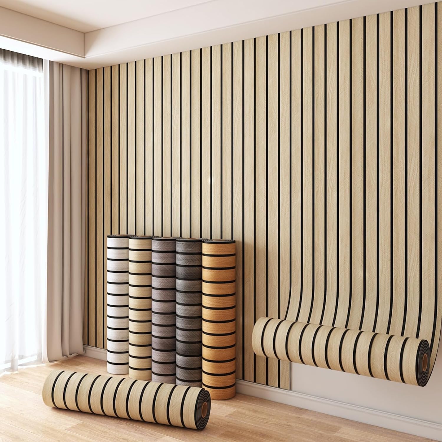 Wood Grille Self-Adhesive Wall Stickers Wood Grain Grille Background Thickening Wallpaper, 60X300CM PVC Self-Adhesive Sticker Roll, Noise Reduction Wall Panels for Wall Decor