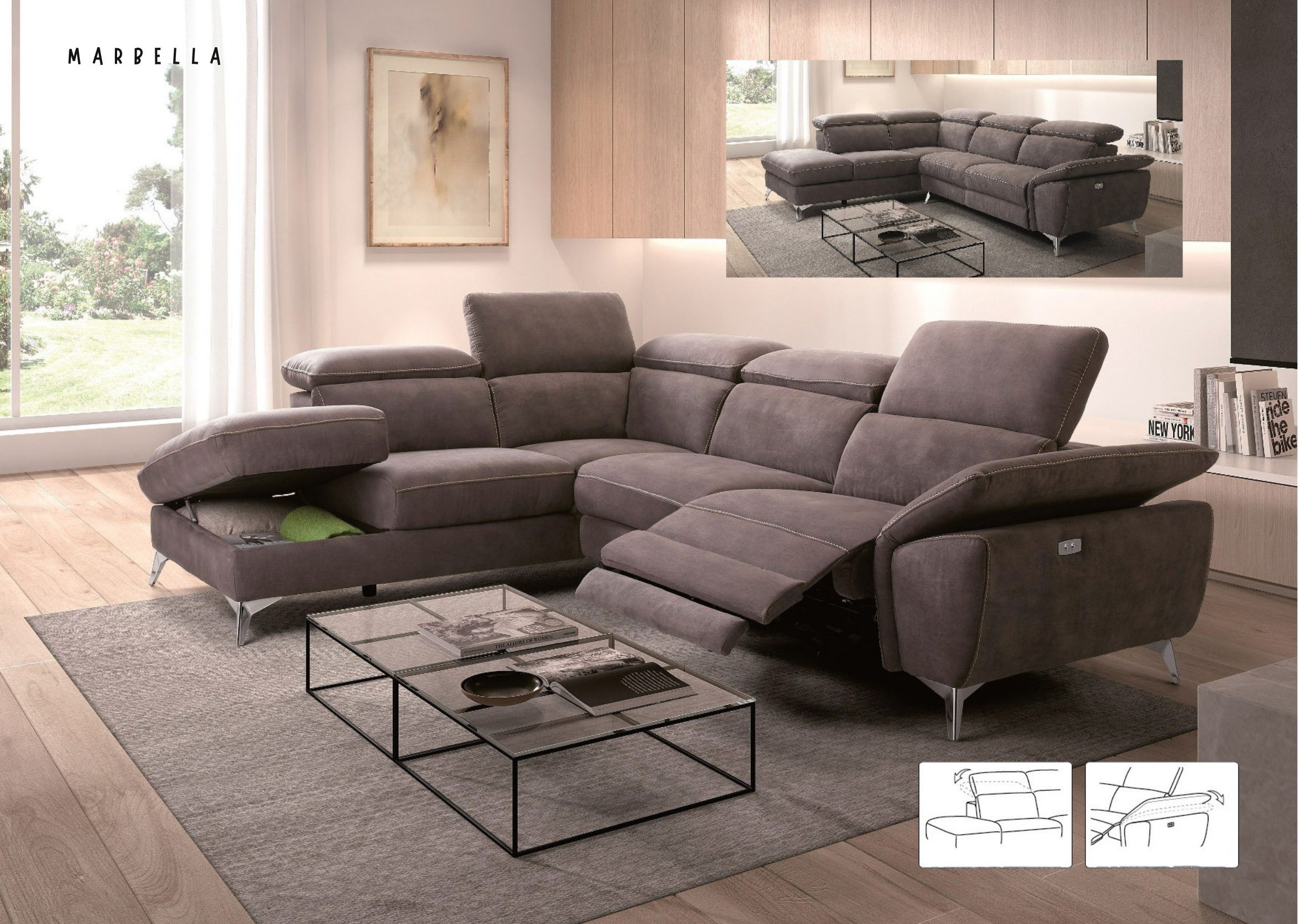 Marbella - Salon d'Angle avec Relax Électrique + Coffre 