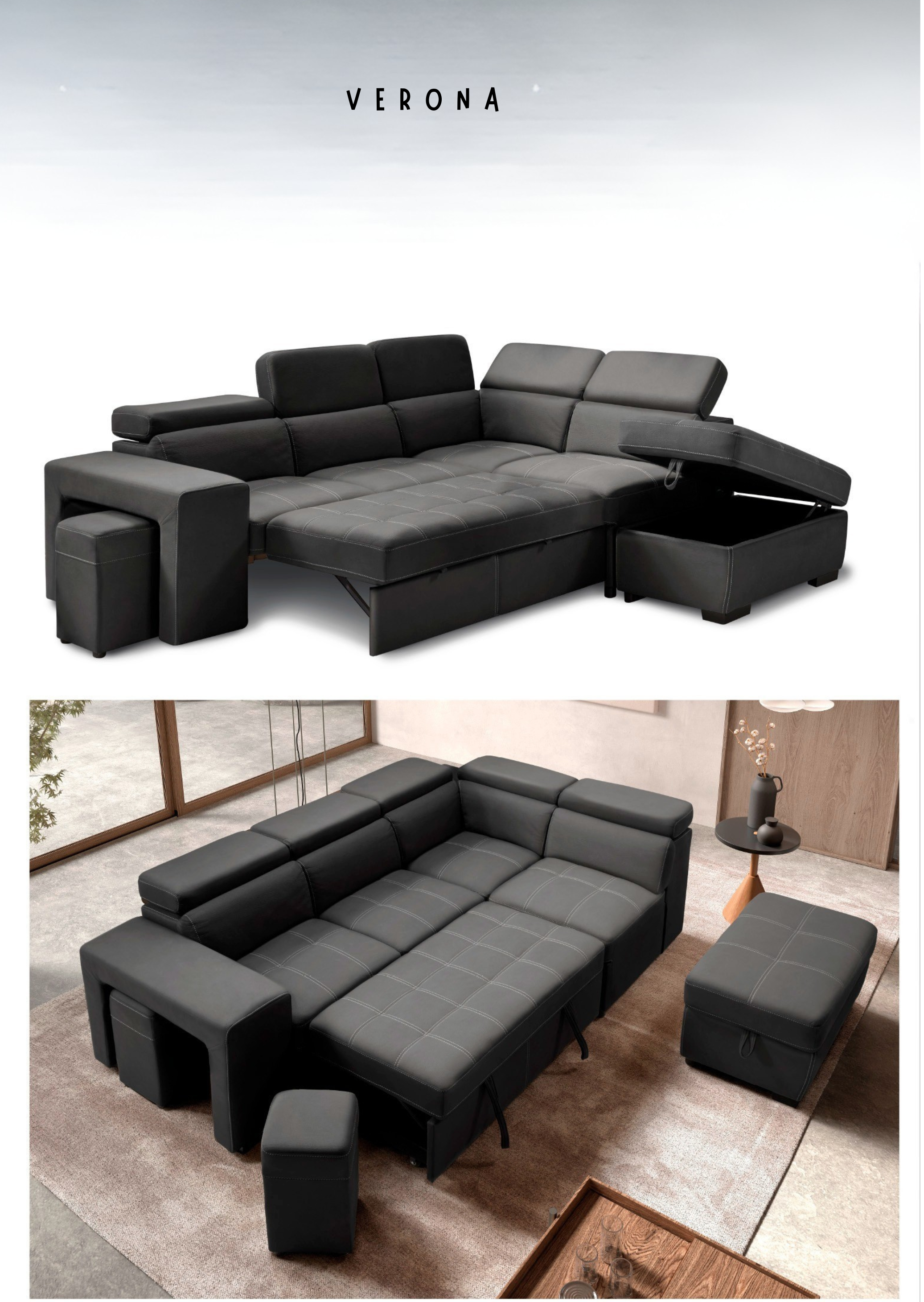 Verona - Salon d'Angle avec Fonction Lit + Coffre + Poufs