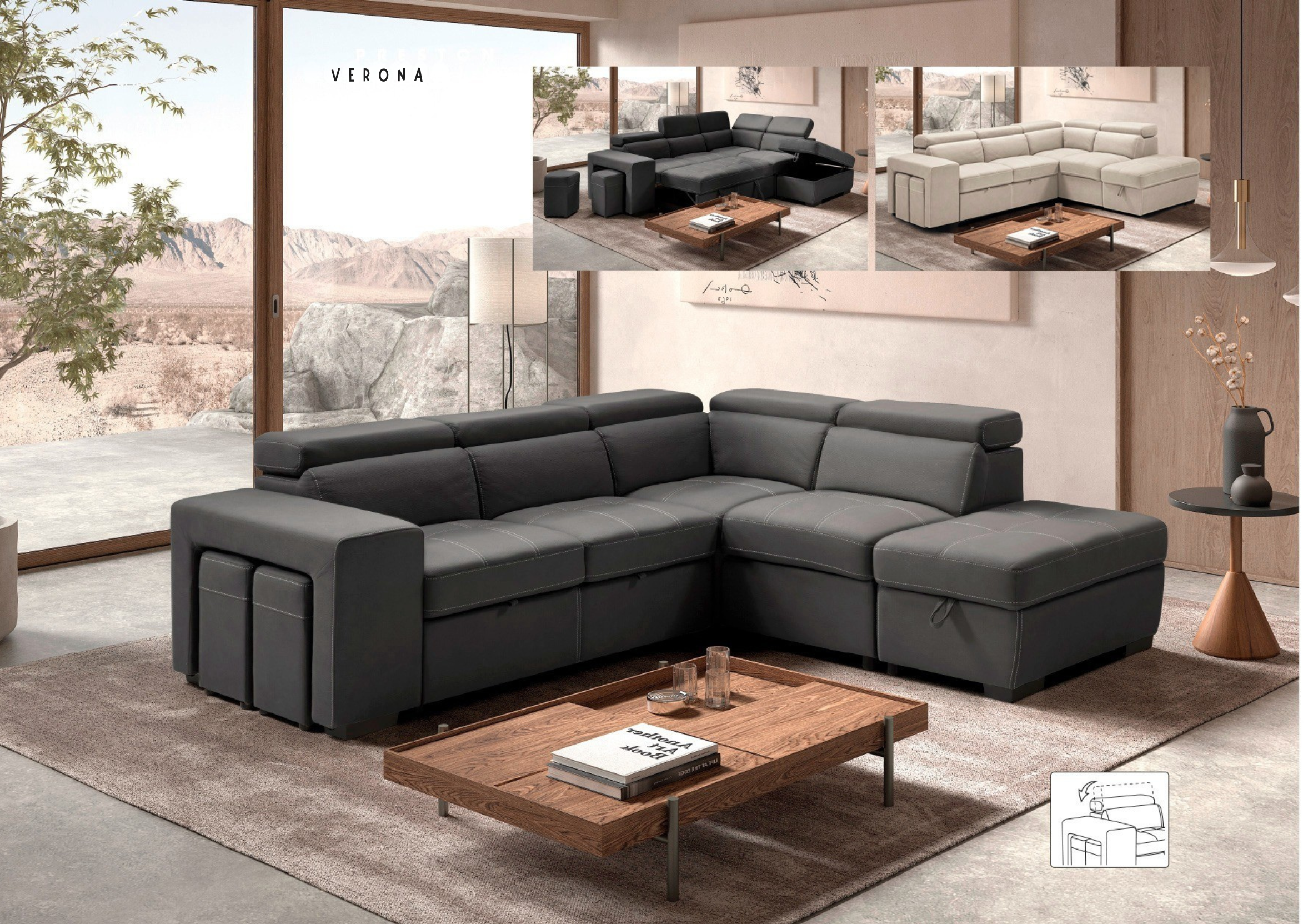 Verona - Salon d'Angle avec Fonction Lit + Coffre + Poufs