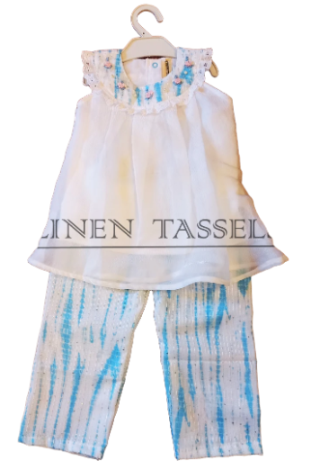Girls' White Top and Blue Printed Pants Set (Code: KS00139) Size: 2-3 years