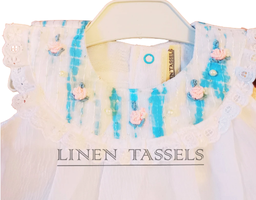 Girls' White Top and Blue Printed Pants Set (Code: KS00139) Size: 2-3 years